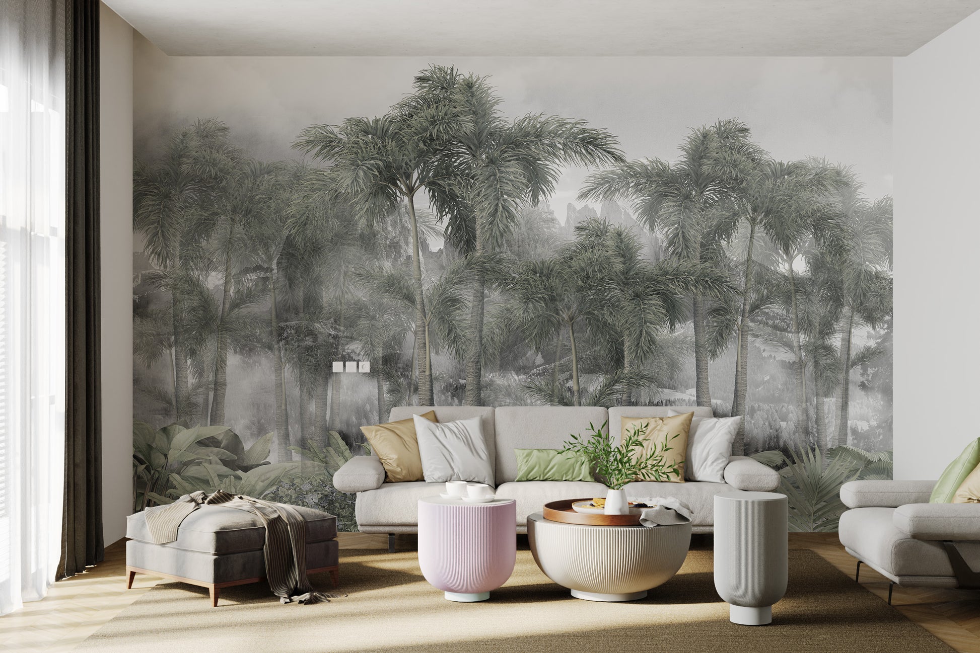 Nature-inspired foggy jungle mountain mural