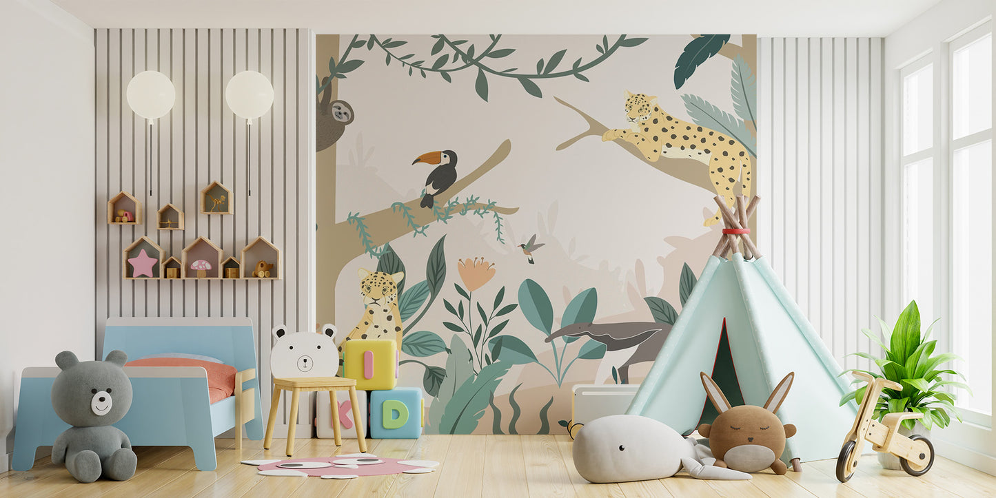 Fun rainforest animals mural for a child's room decor.
