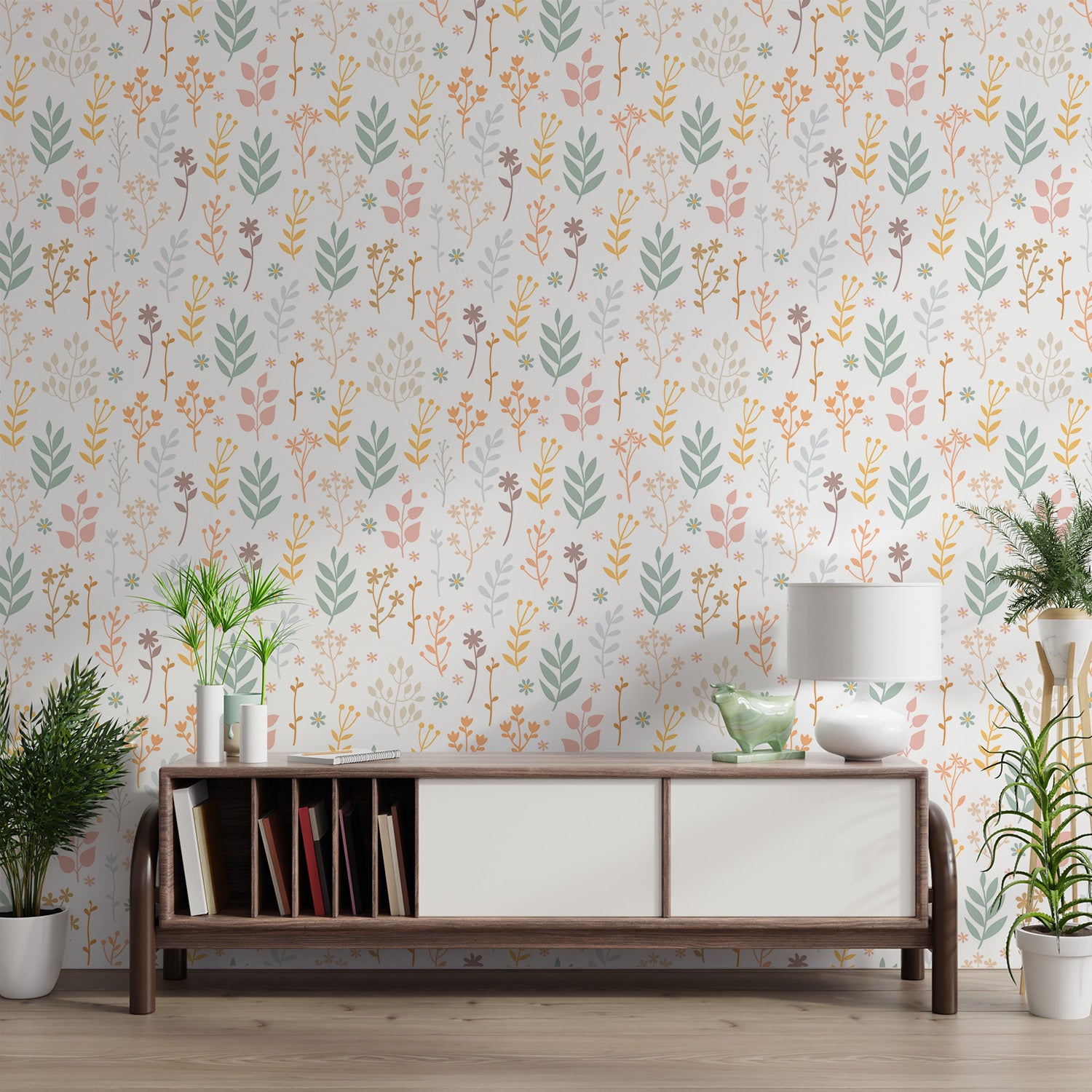 Hand-drawn floral design wallpaper in muted tones
