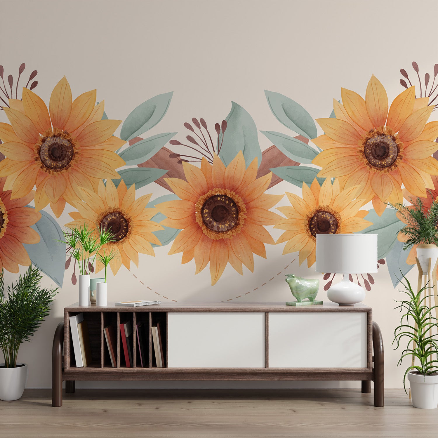 Warm sunflower watercolor wallpaper for cheerful spaces
