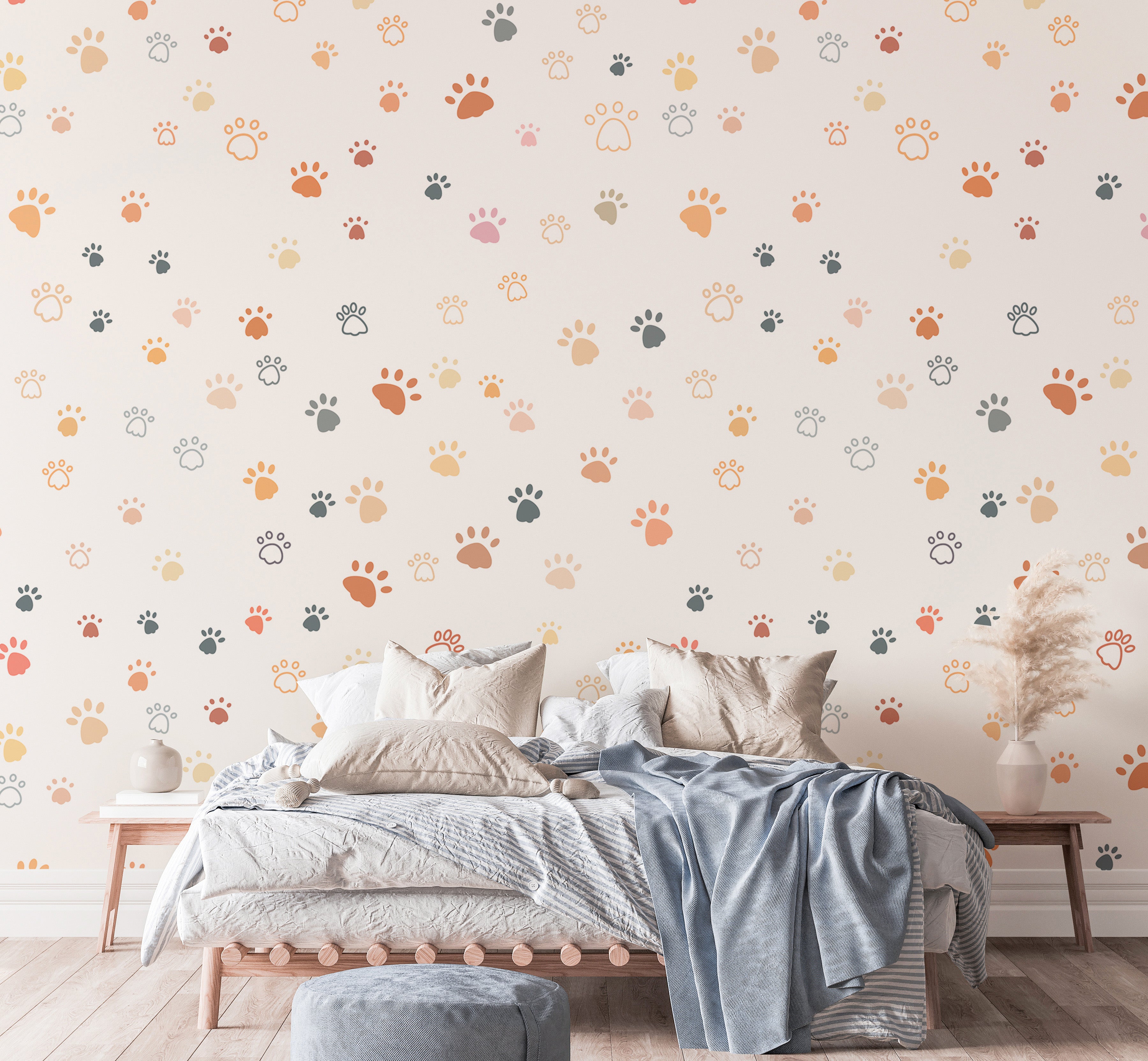 Cute cat paw print wallpaper with colorful footprints