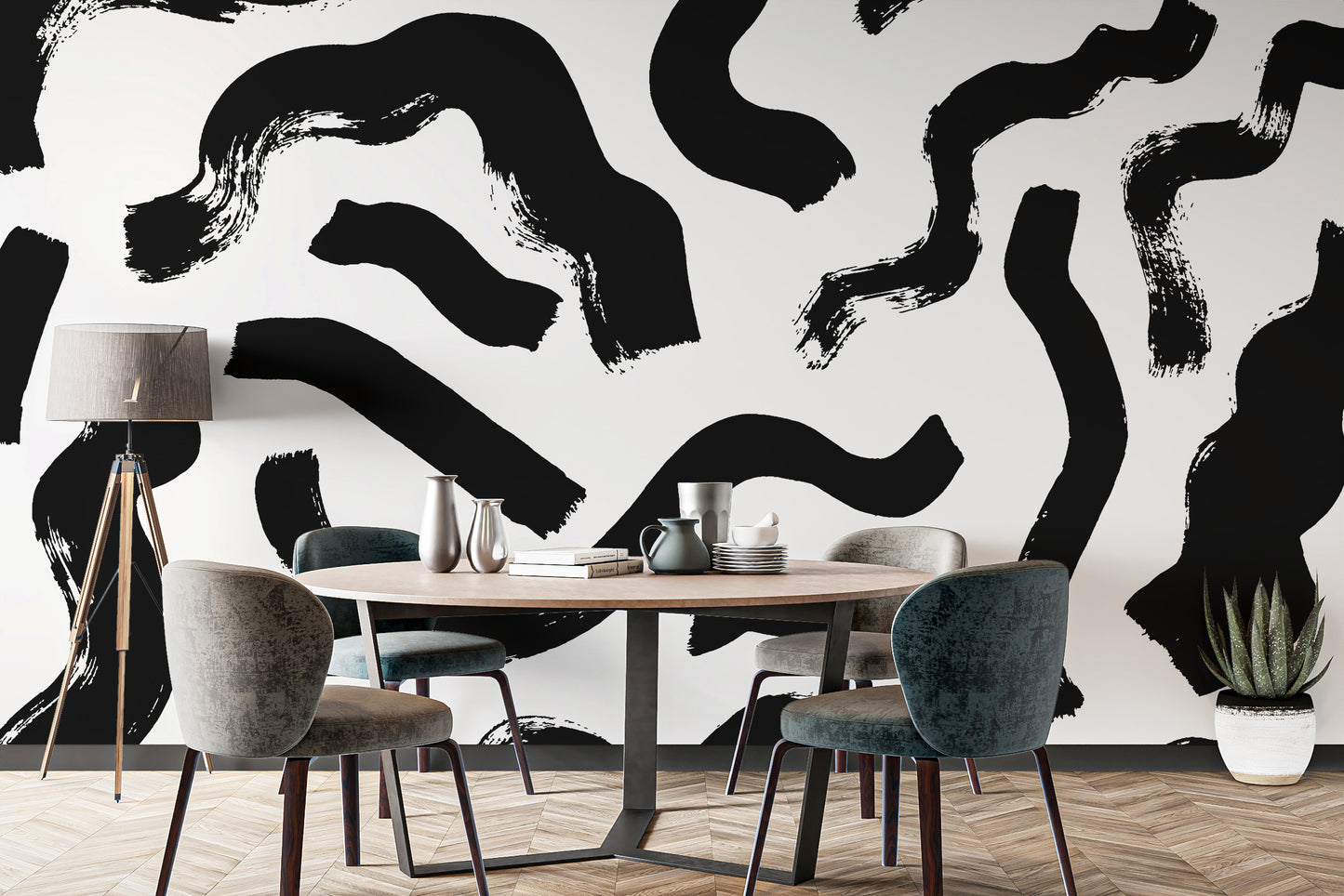 Abstract black brushstrokes for a bold, artistic wall look.
