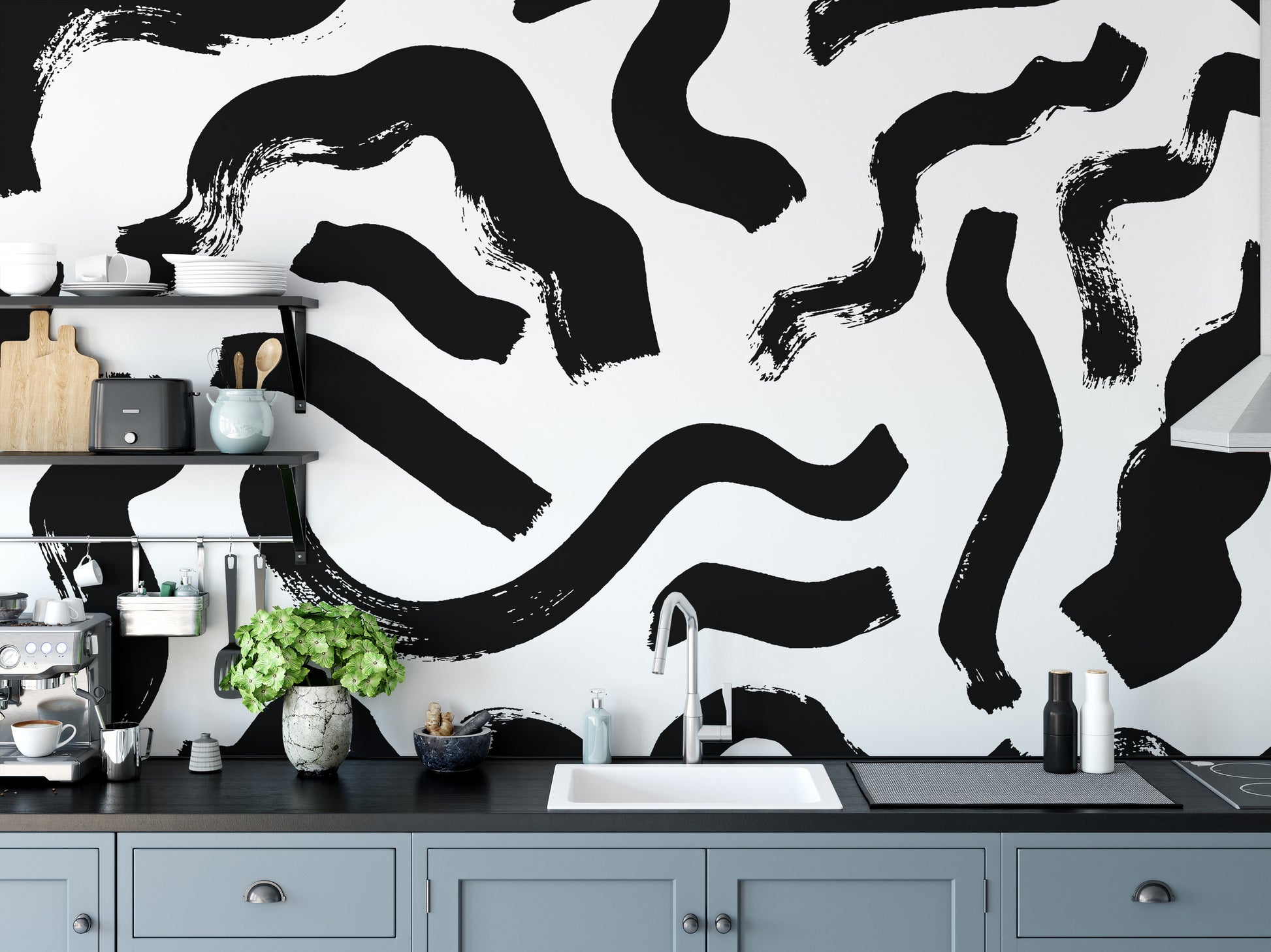 Modern abstract mural with strong black brushstroke lines.
