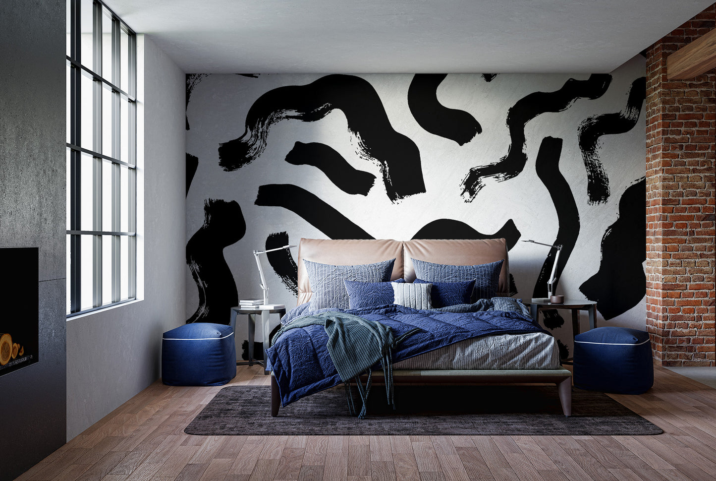 Striking black brushstroke mural for a contemporary room.
