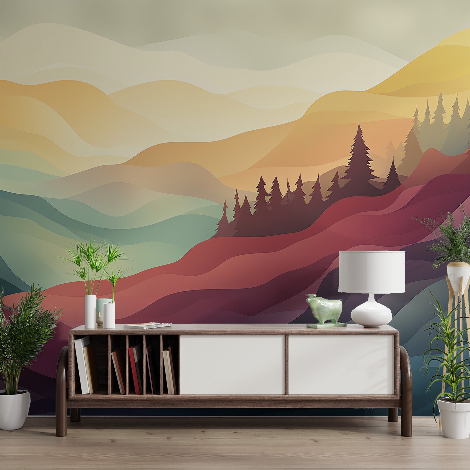 Artistic sunset mountain wallpaper with vibrant colors
