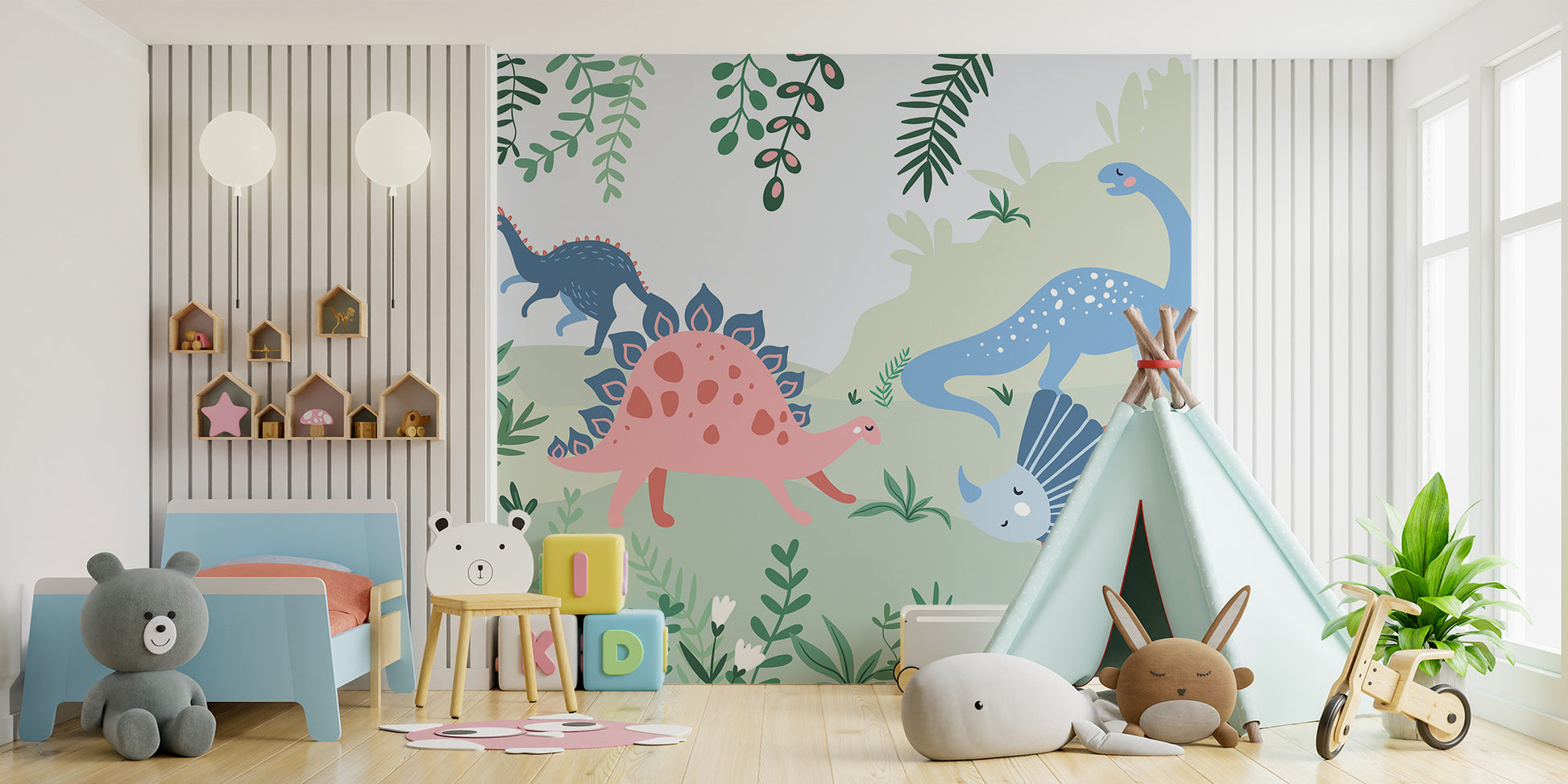 Dinosaur-themed wallpaper mural for adventurous kids.
