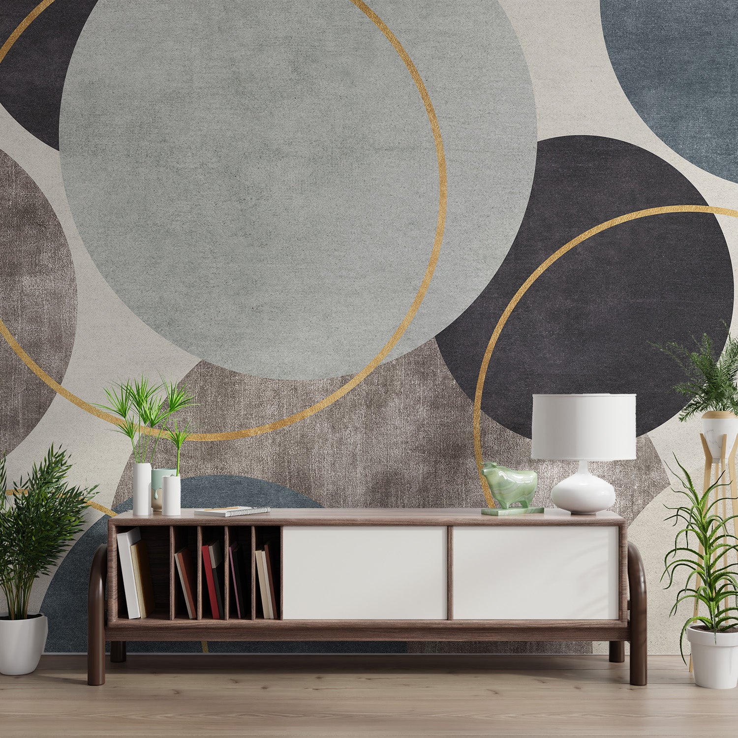 Modern abstract wallpaper with gold-accented circles
