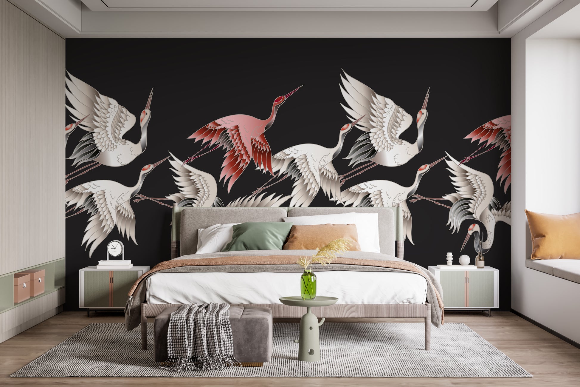 Cranes in flight add beauty to mural wallpaper



