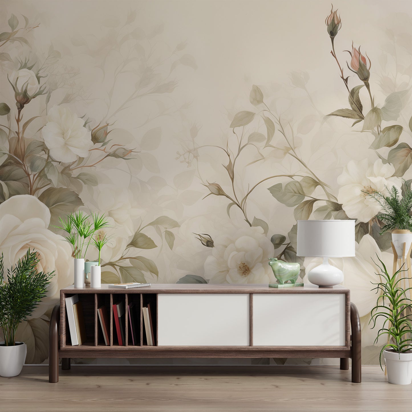 Subtle cream and white floral wallpaper design
