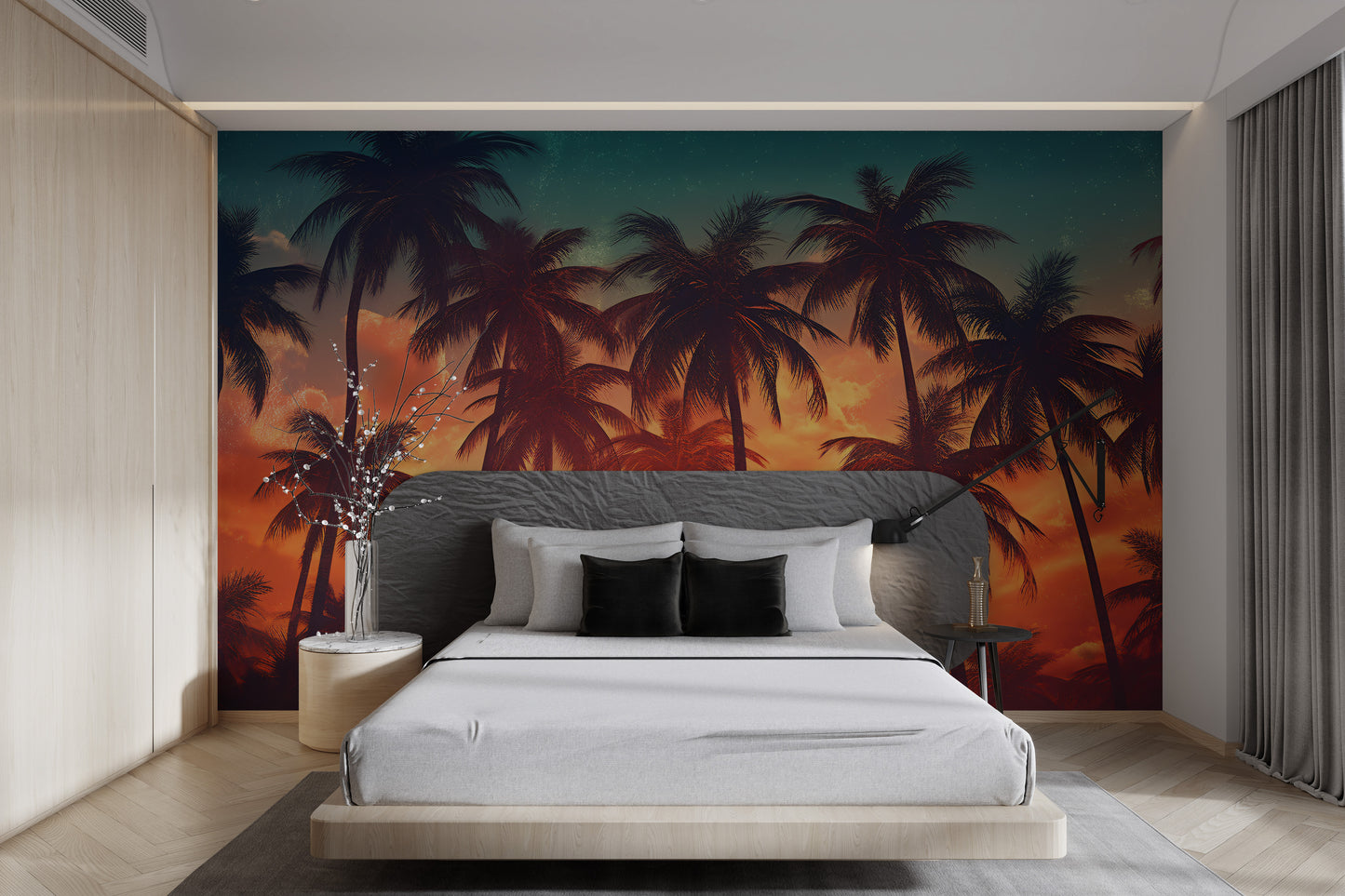 Silhouette palm tree mural with deep orange sky
