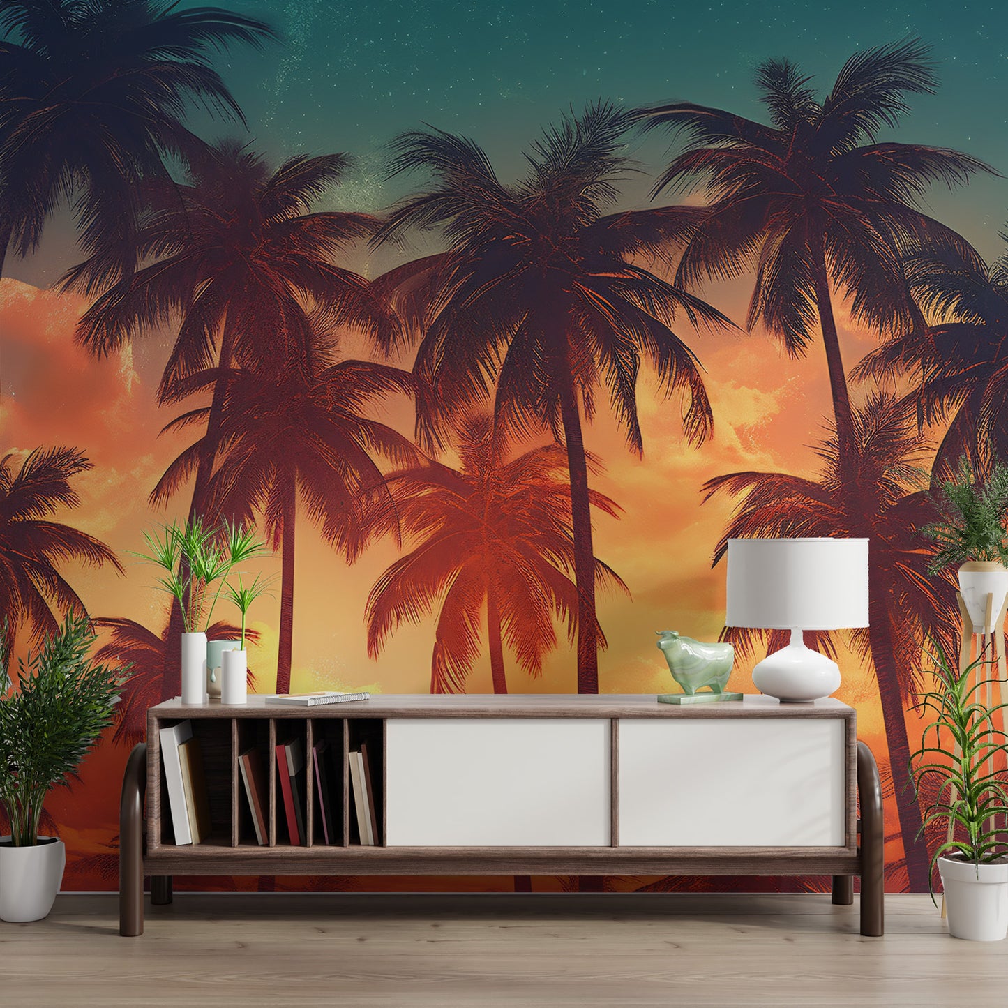 Hawaiian beach scene mural with tropical sunset
