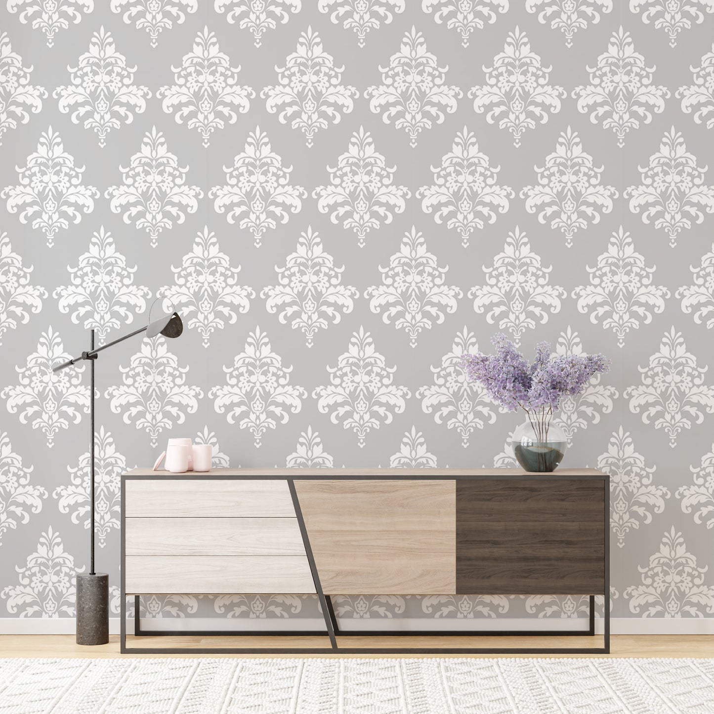 White Damask Pattern Wallpaper For Living Room