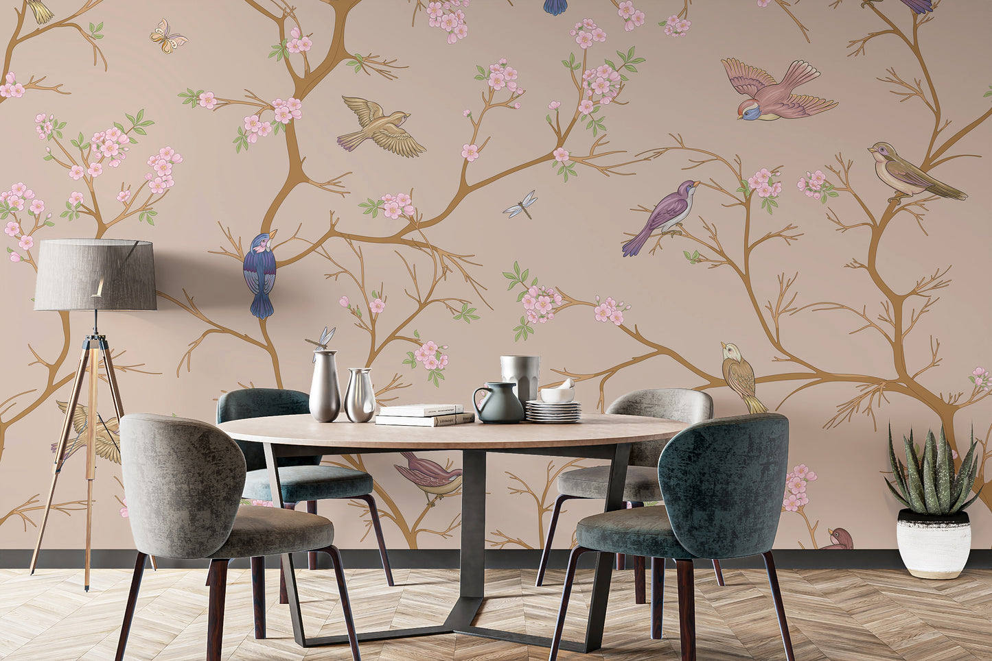 Elegant bird and blossom mural in beige tones for rooms
