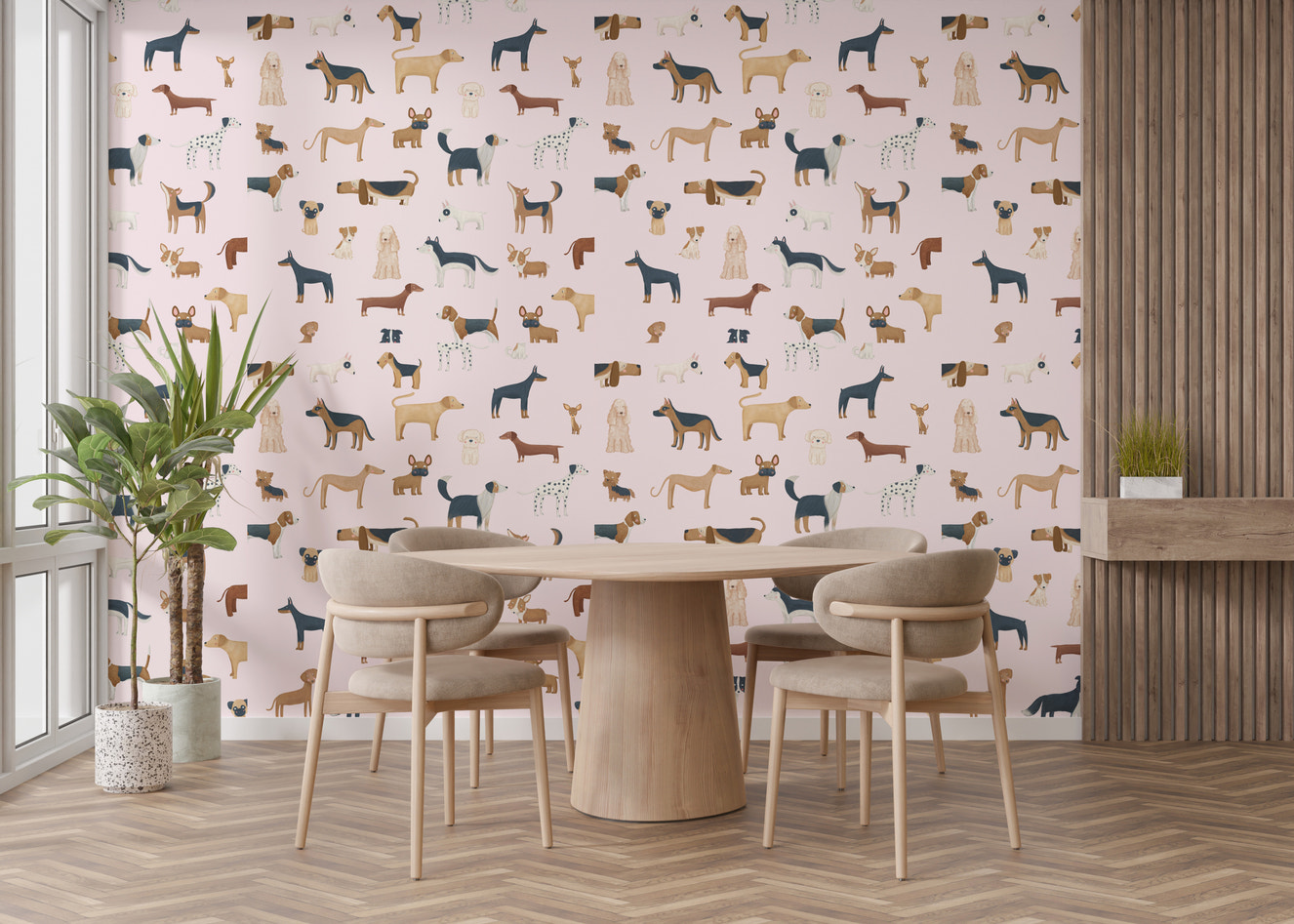 Charming pale pink wallpaper featuring a variety of dog breeds
