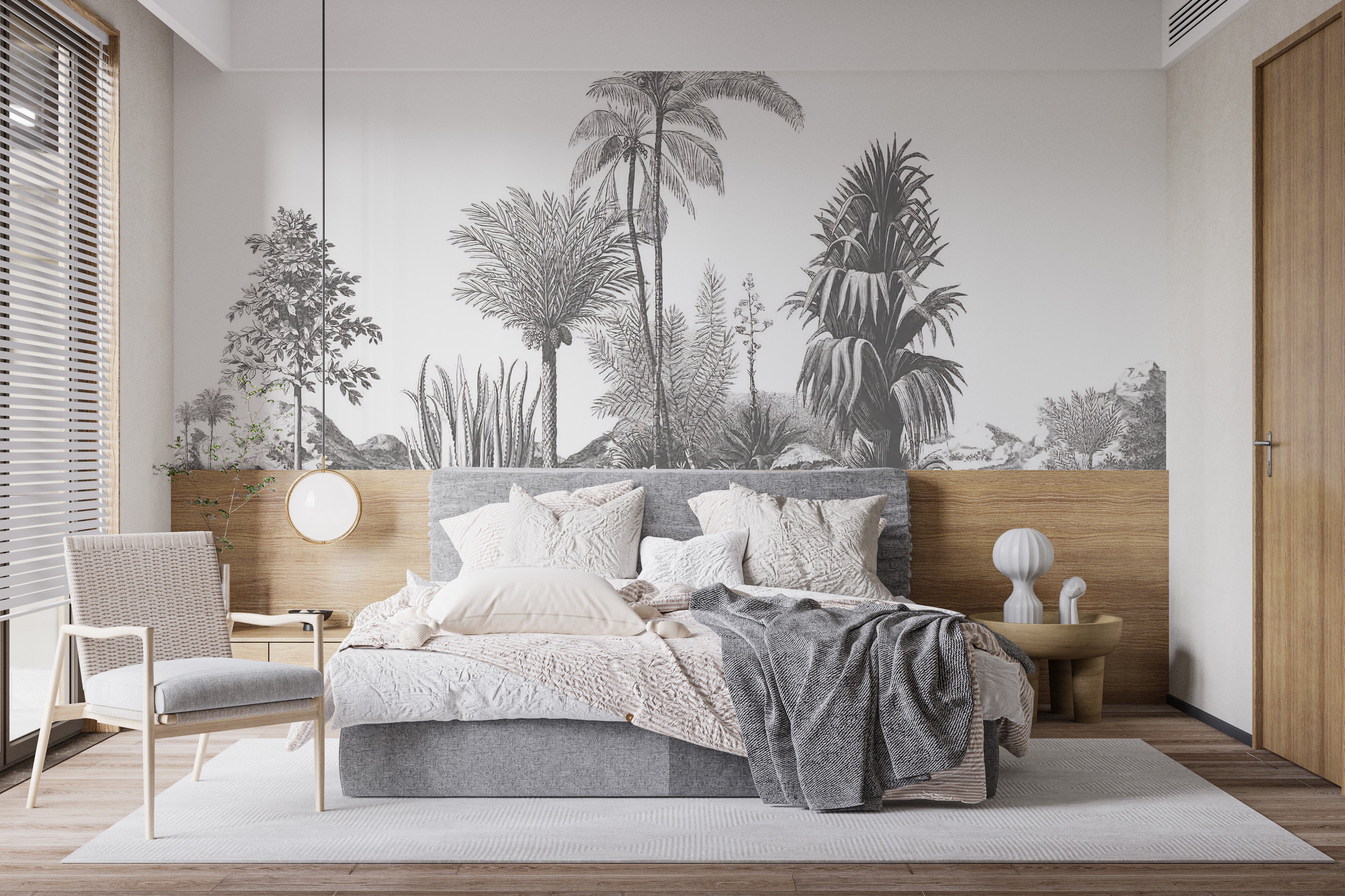 Tropical palm paradise mural in muted greys