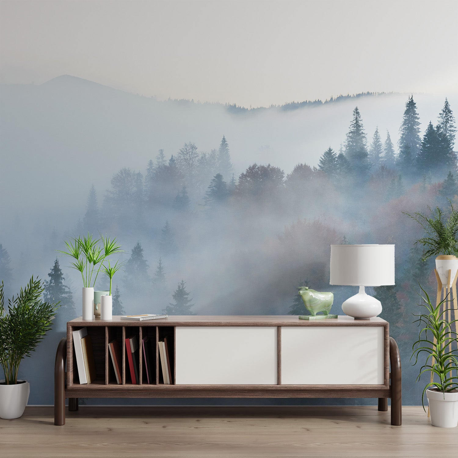 Scenic woodland fog mural with nature details