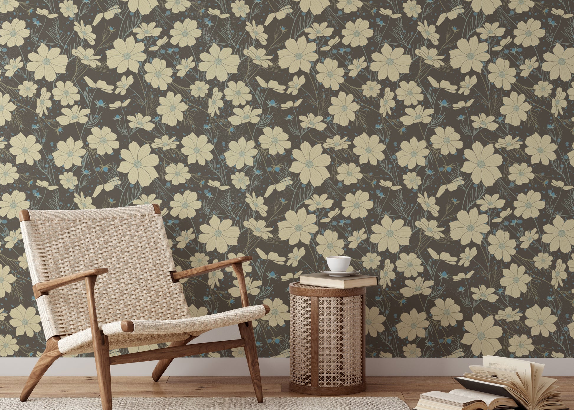 Elegant gray wallpaper featuring cosmos flower designs
