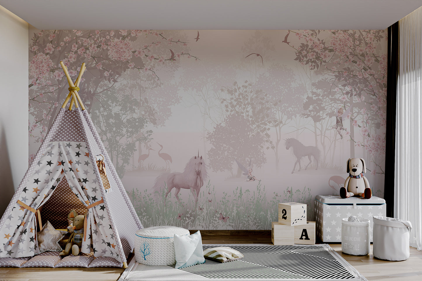 Enchanted Unicorn Blossom Forest Mural