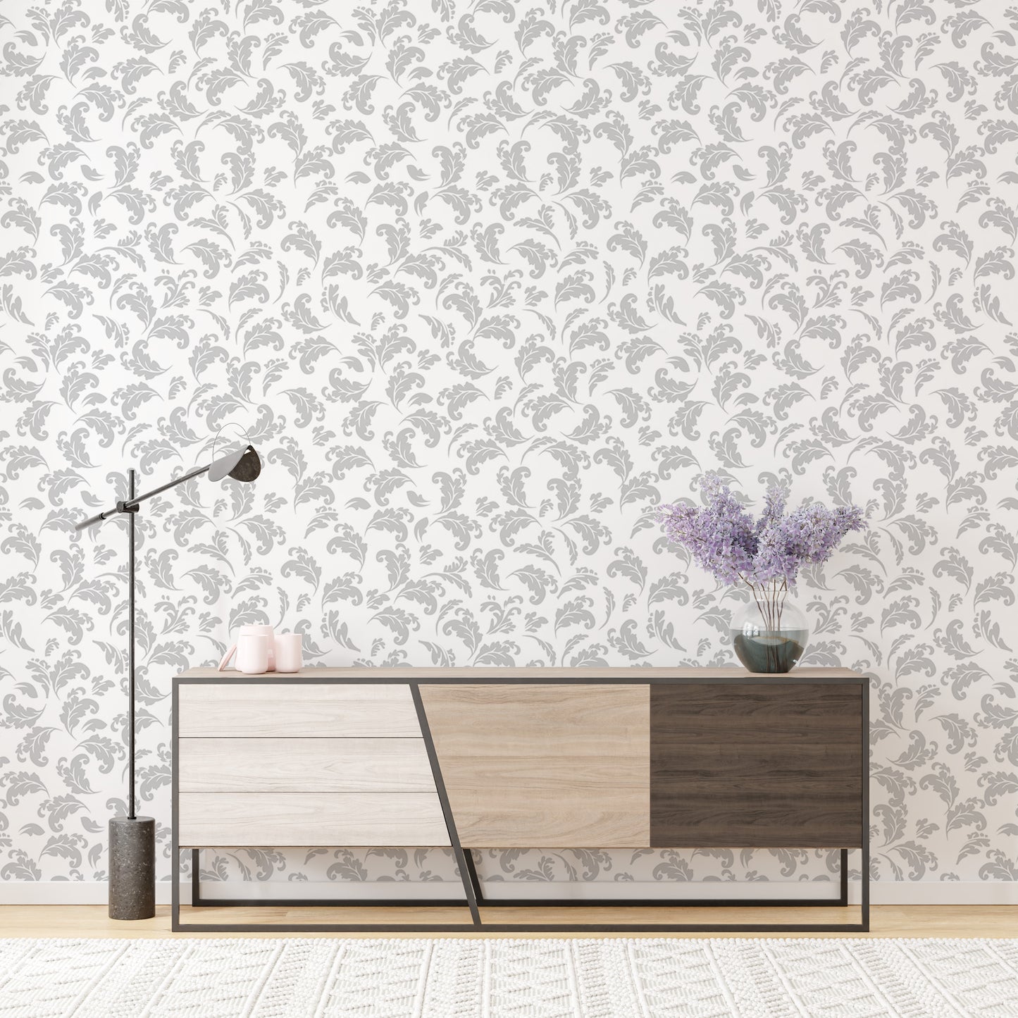 Grey Color Leaves White Background Style Damask Wallpaper