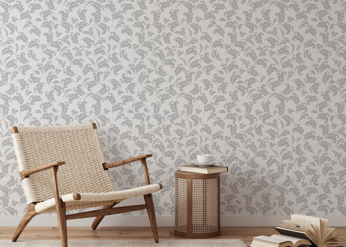 Grey Color Leaves White Background Style Damask Wallpaper