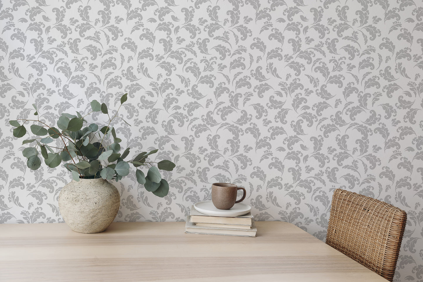 Grey Color Leaves White Background Style Damask Wallpaper