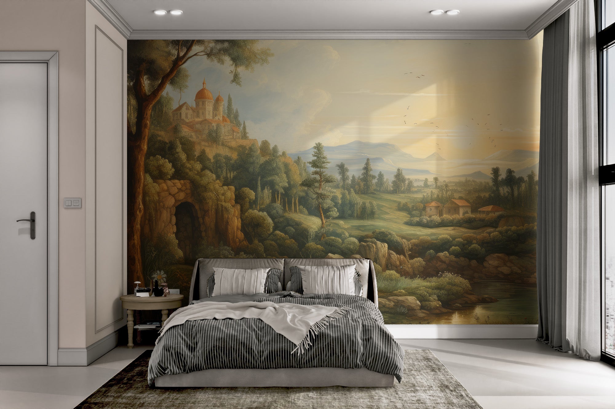 Golden sunset countryside mural with peaceful scenery
