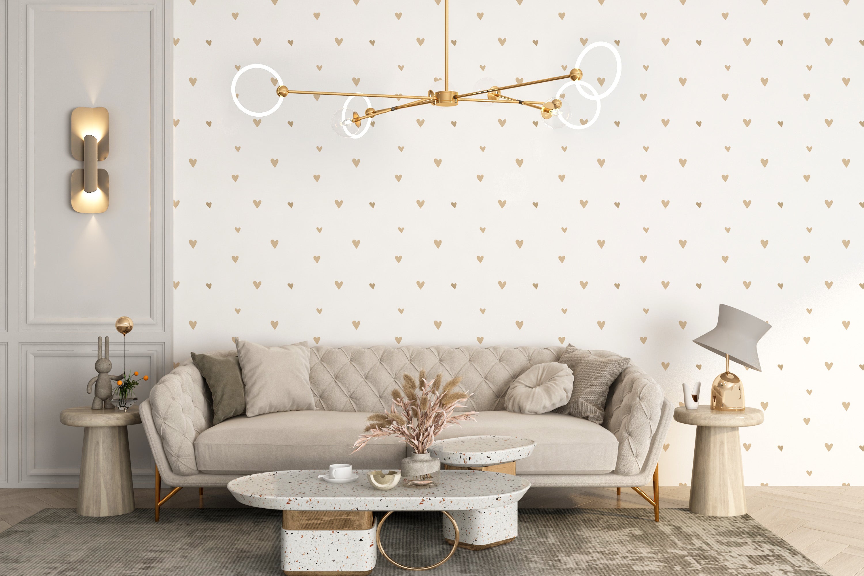 Beige gold hearts wallpaper mural pattern
