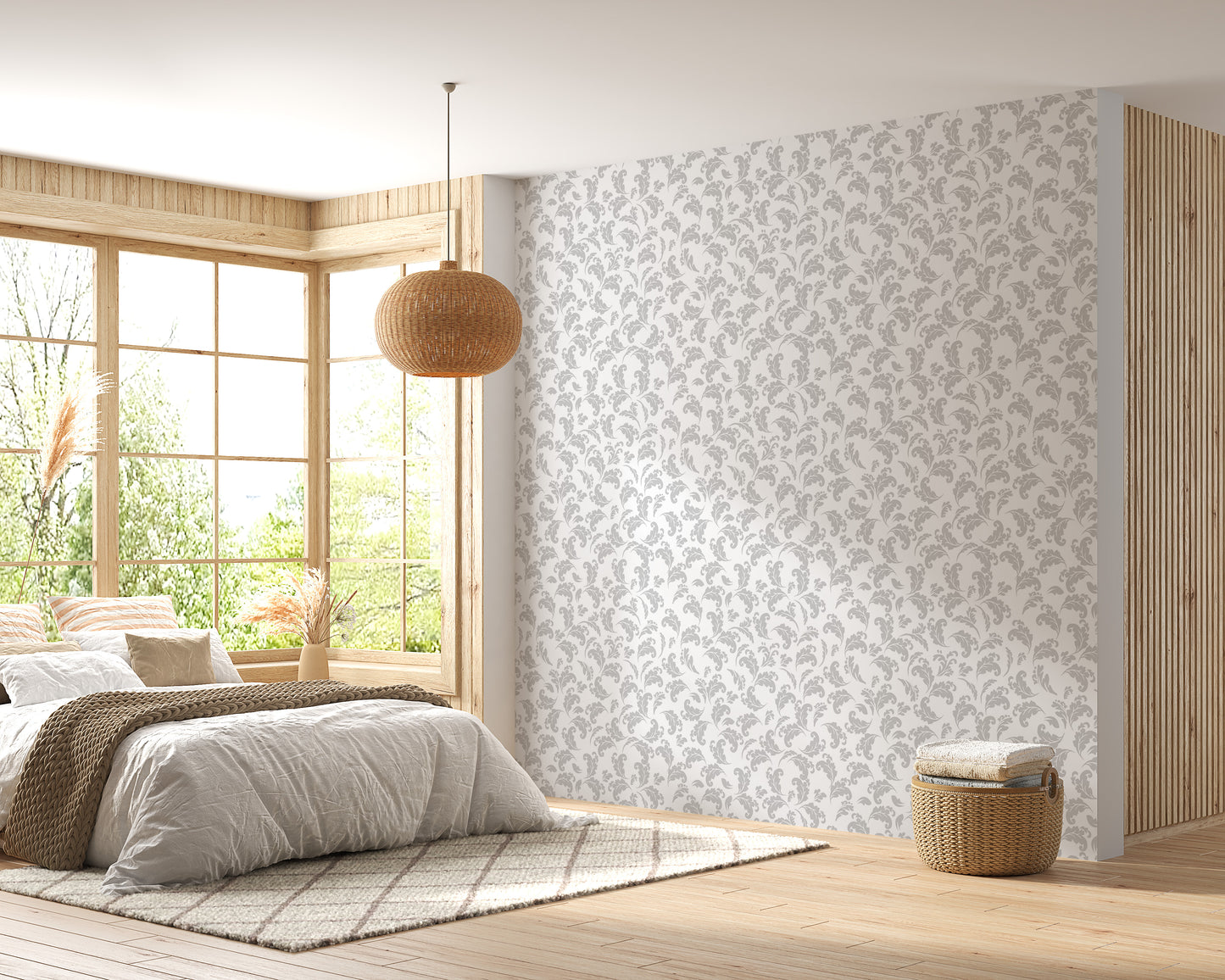 Grey Color Leaves White Background Style Damask Wallpaper