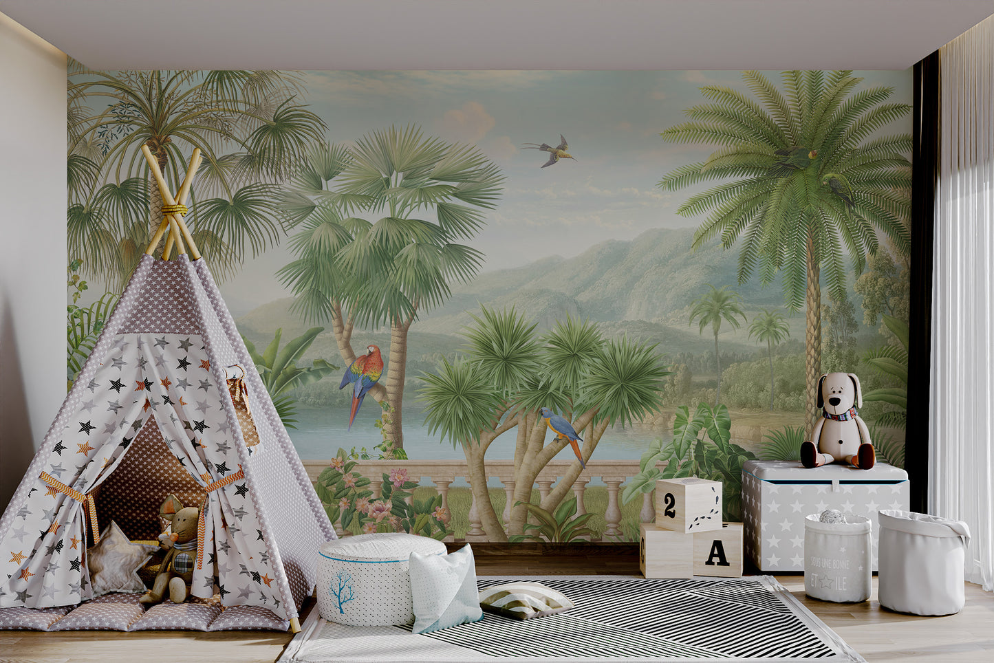 Jungle Paradise Mural with Exotic Birds