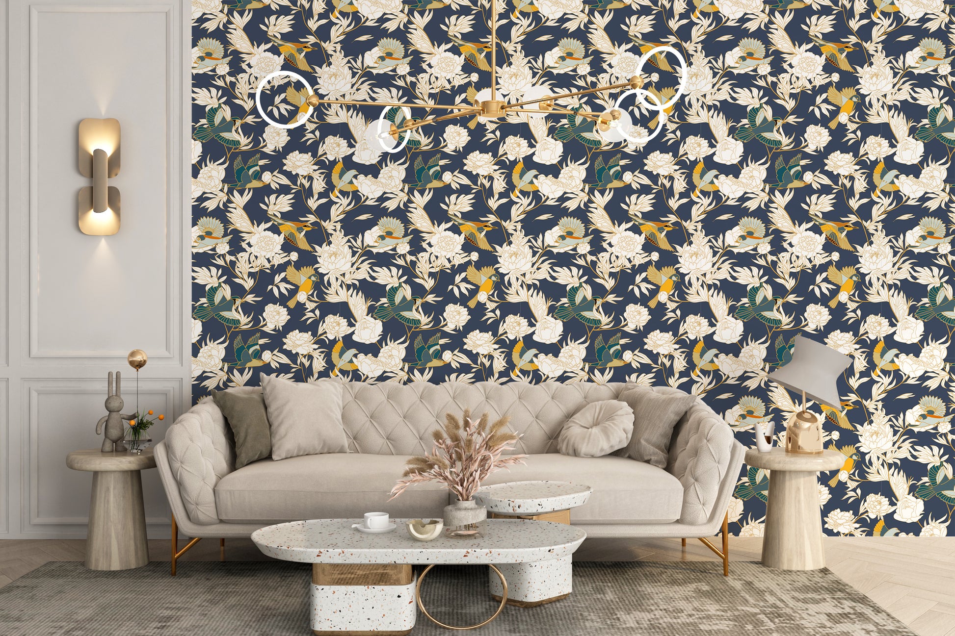 Nature-inspired wallpaper with birds and peonies
