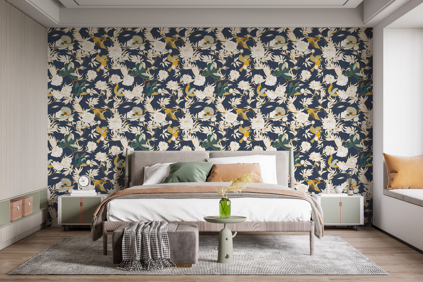 Peony Paradise mural with graceful feathered details
