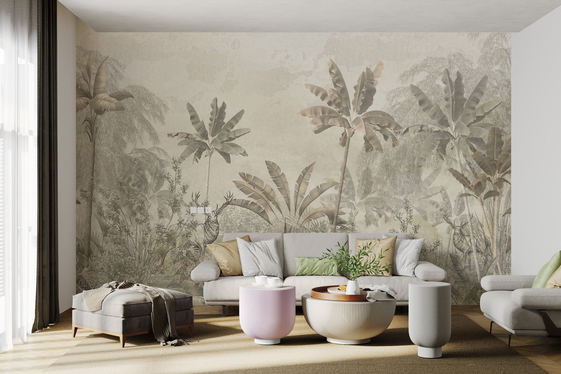 Tropical leaf design on a light yellow forest mural