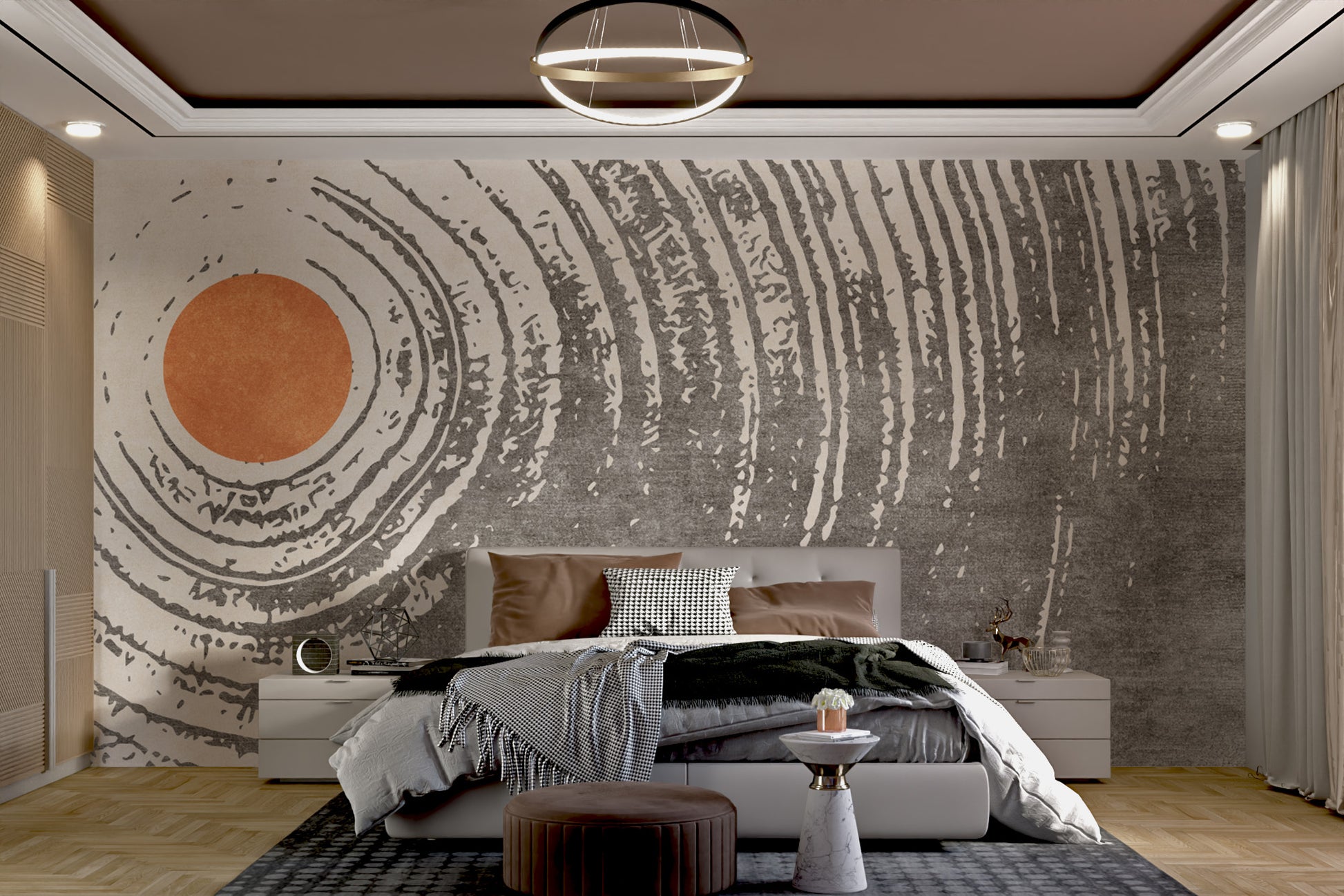 Bold abstract mural with a sun-inspired centerpiece