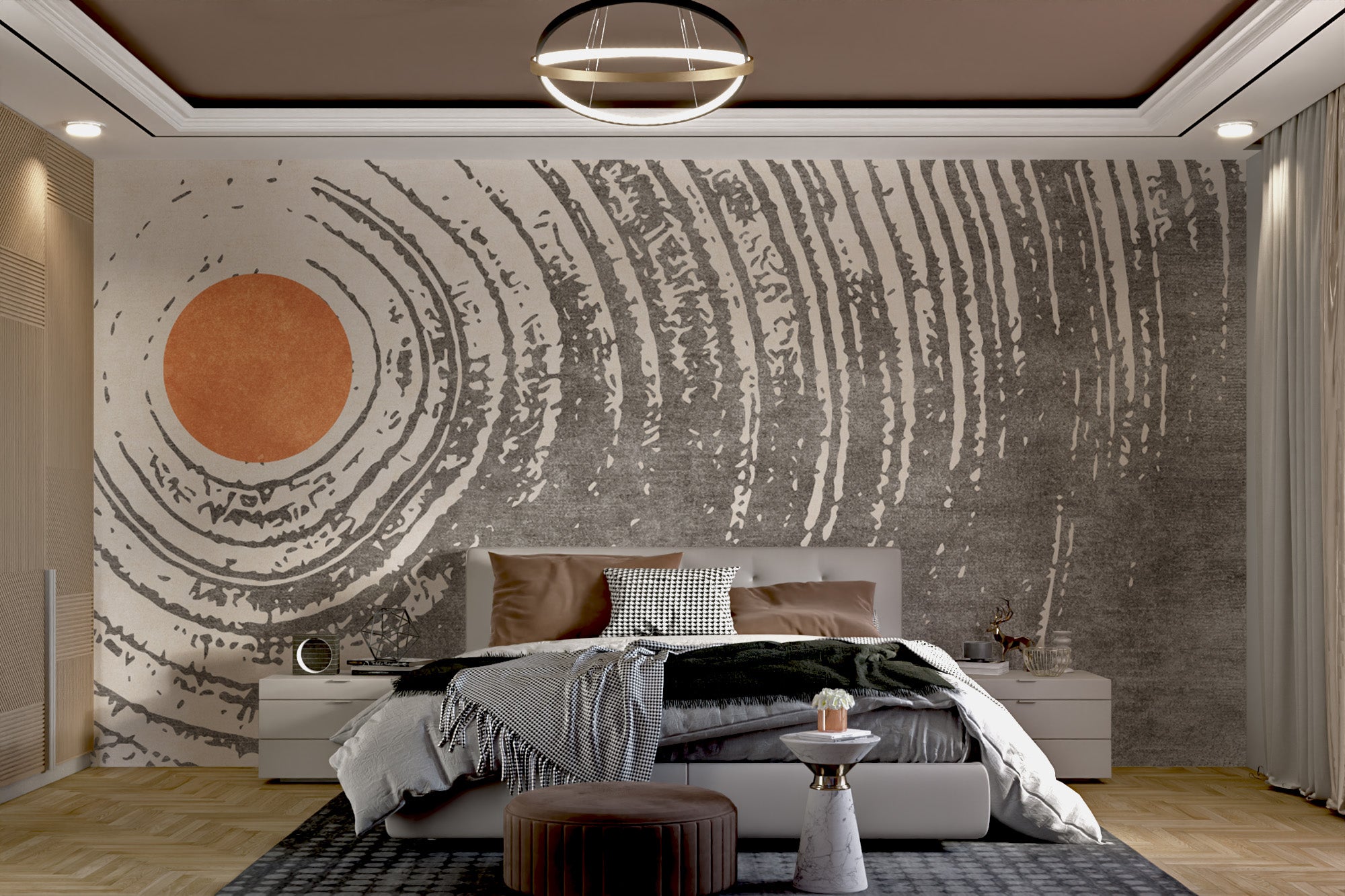 Bold abstract mural with a sun-inspired centerpiece