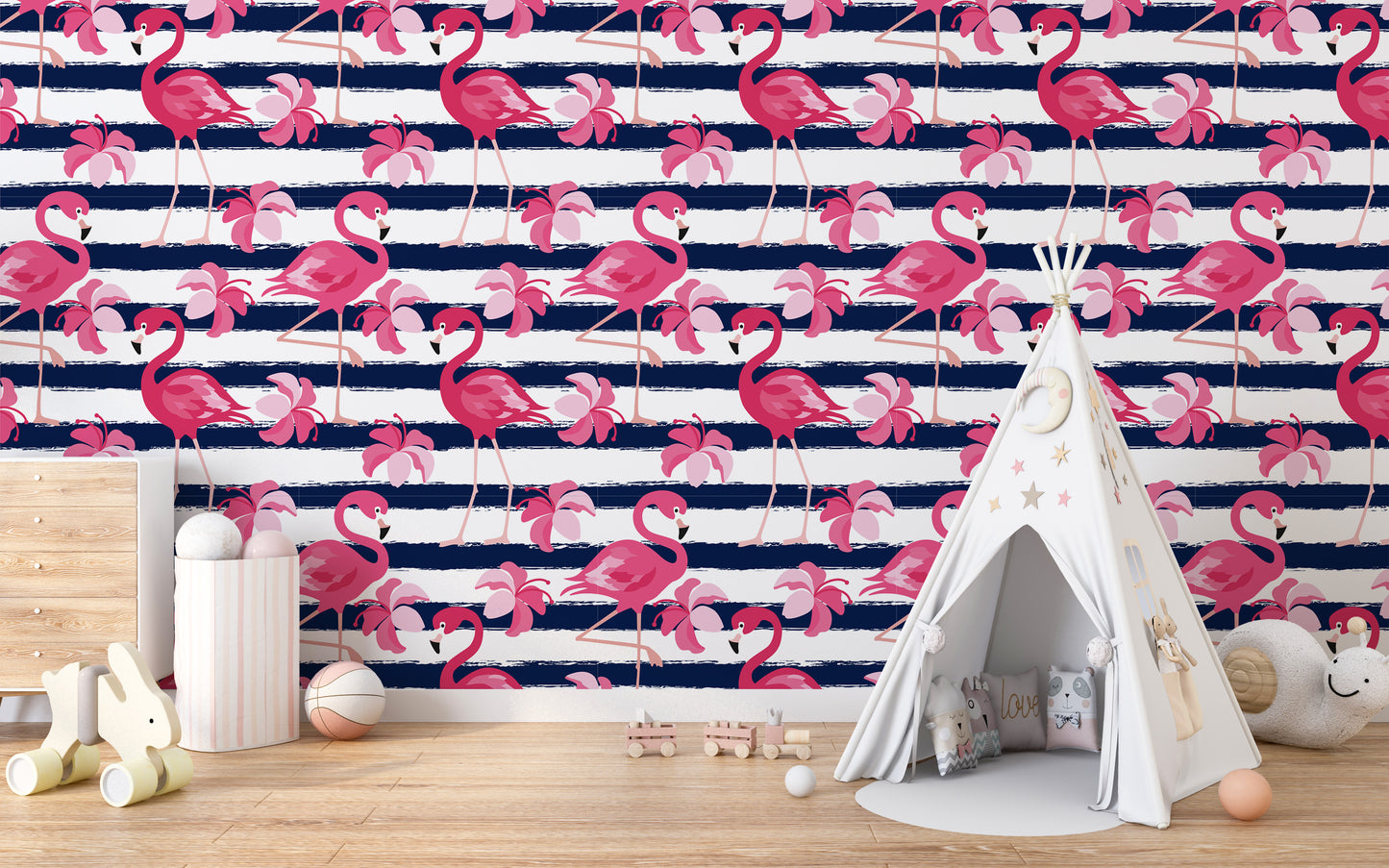 Flamingo Oasis in Blue Stripes Wallpaper