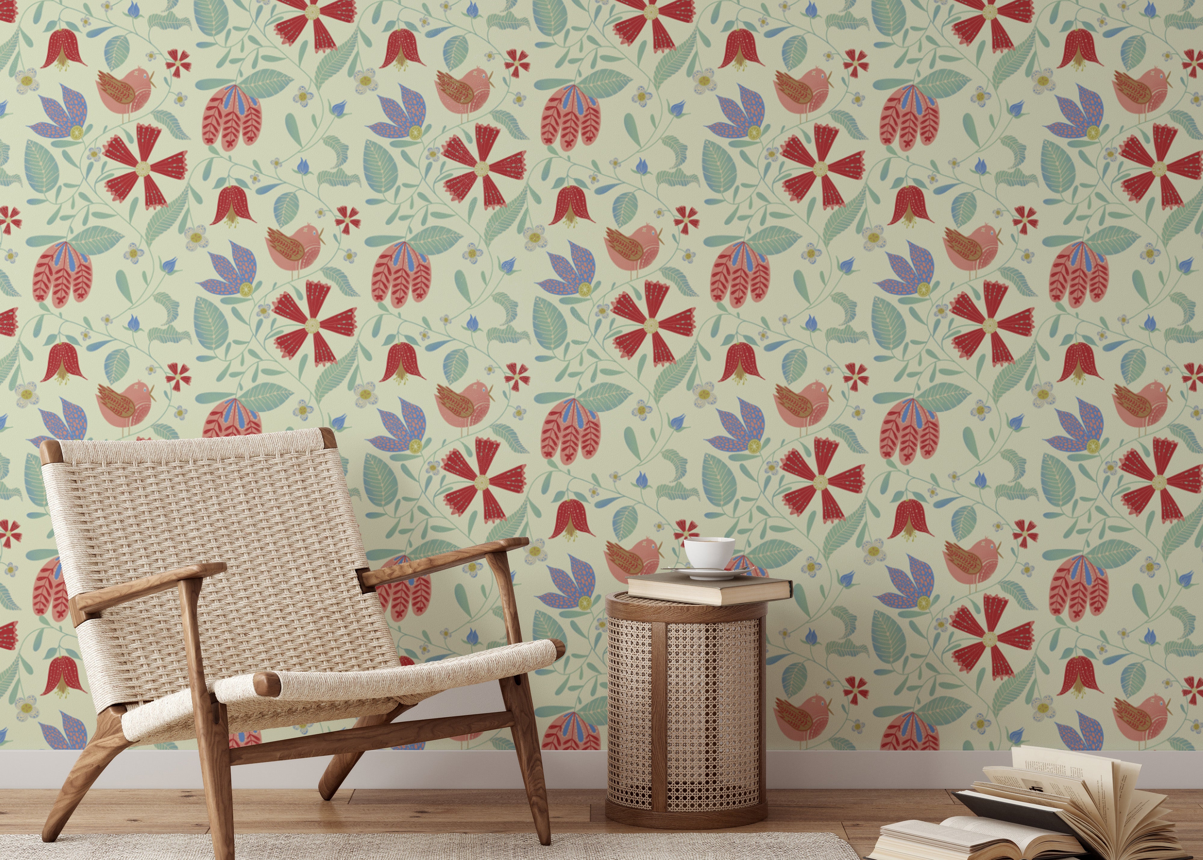 Stylish wallpaper design with folksy birds and floral accents
