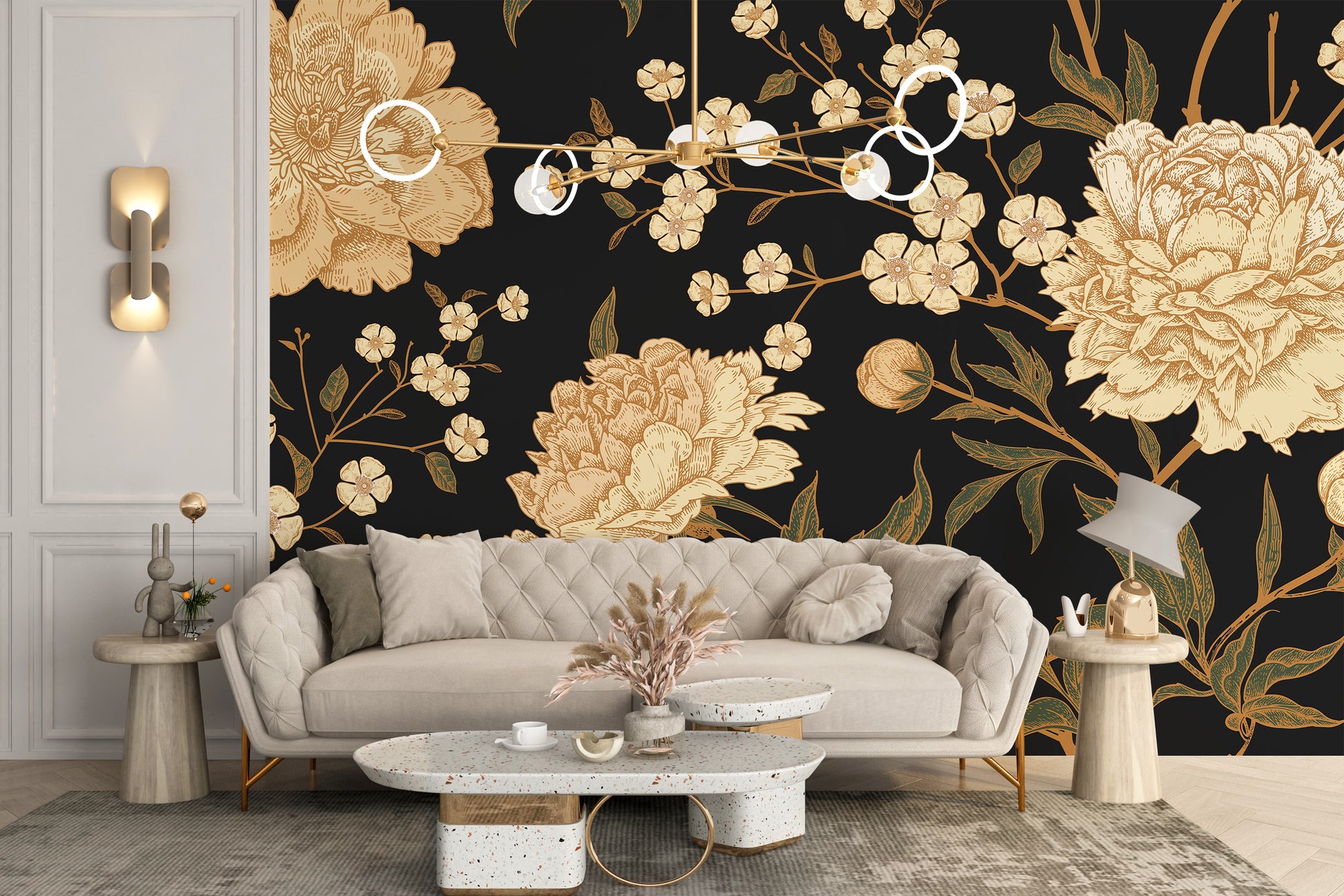 Midnight peony blooms mural for wall decor
