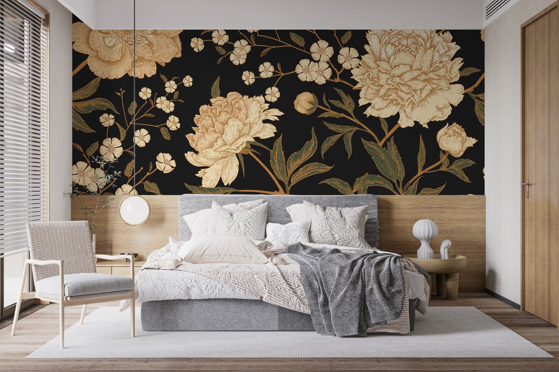 Bold mystic peony wallpaper mural in midnight hues
