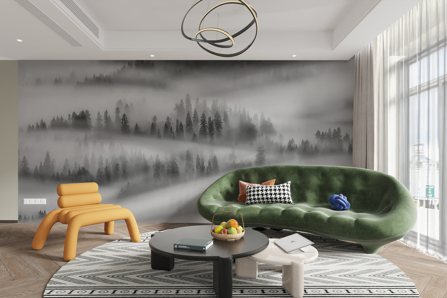 Self-adhesive forest mural in monochrome for stylish spaces