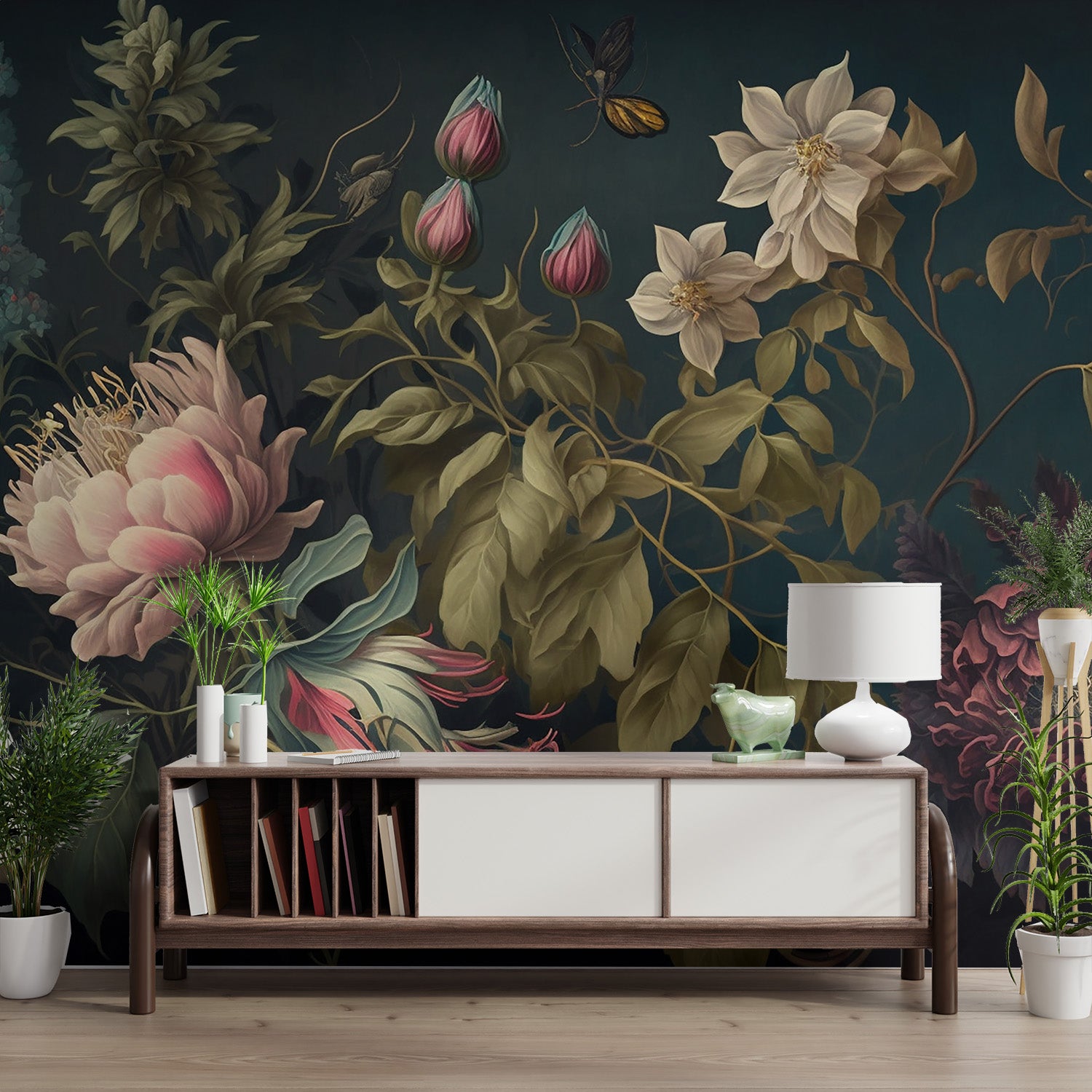 Dark botanical floral art wall mural
