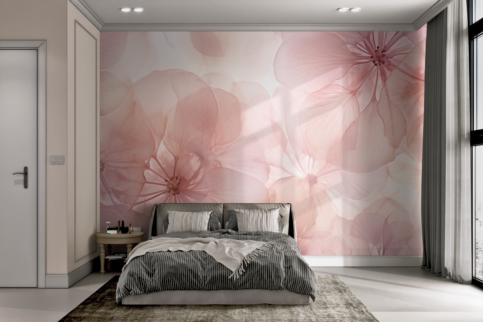 Dreamy pink flower wall mural with gentle hues
