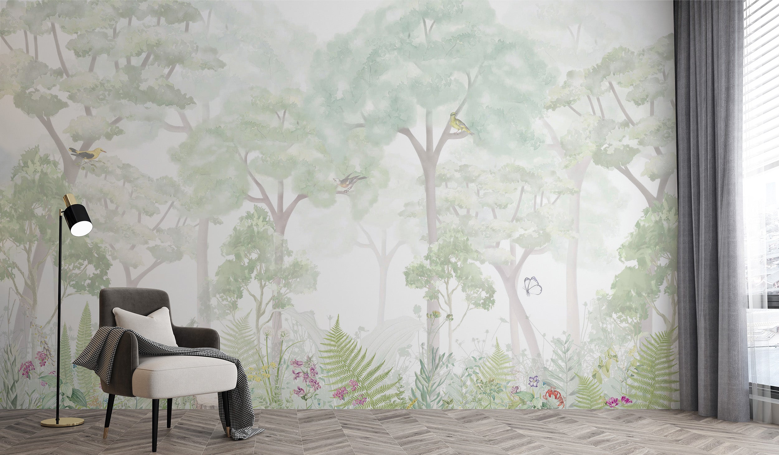 Serene woodland mural for relaxing and tranquil rooms
