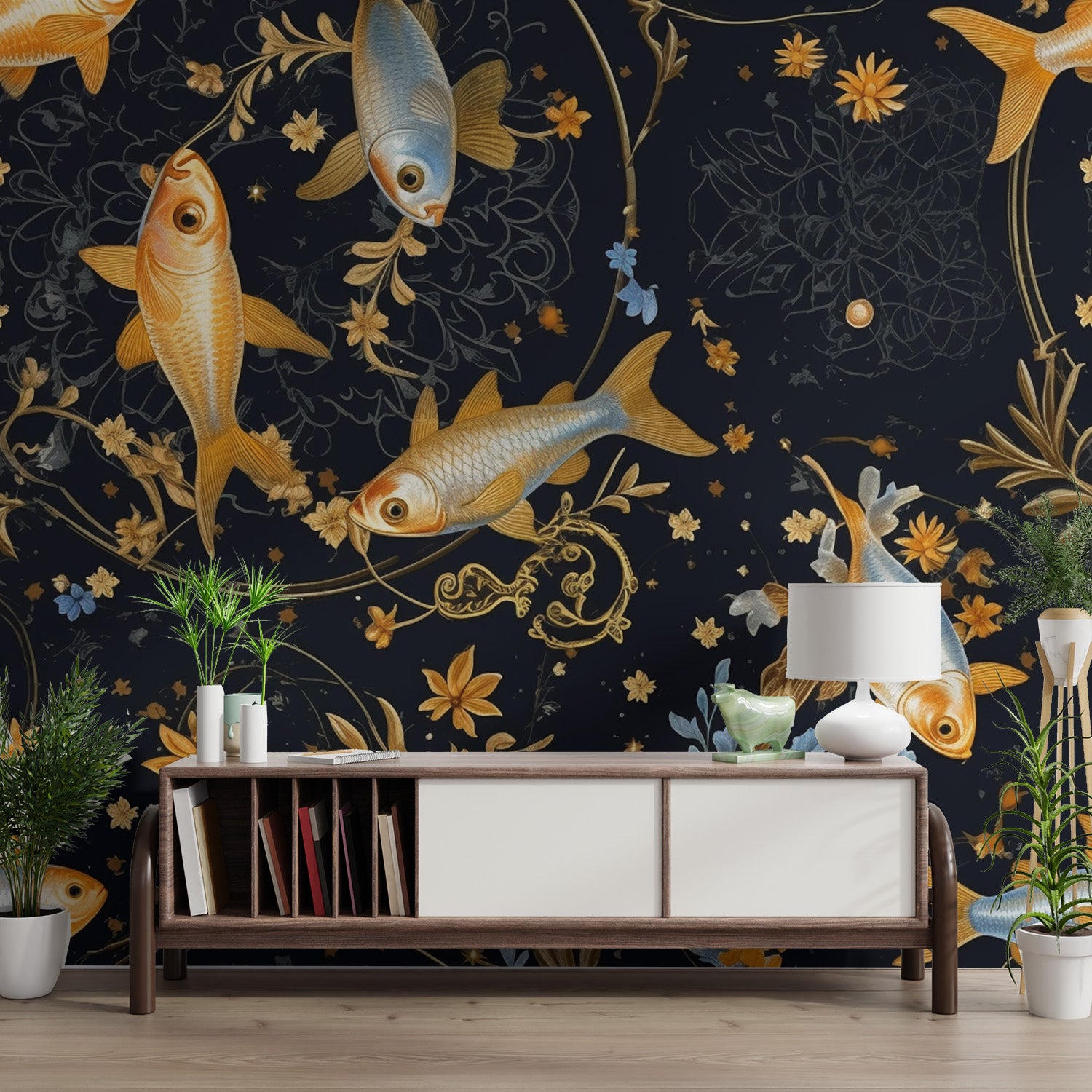 Nature-inspired koi fish wallpaper with floral patterns