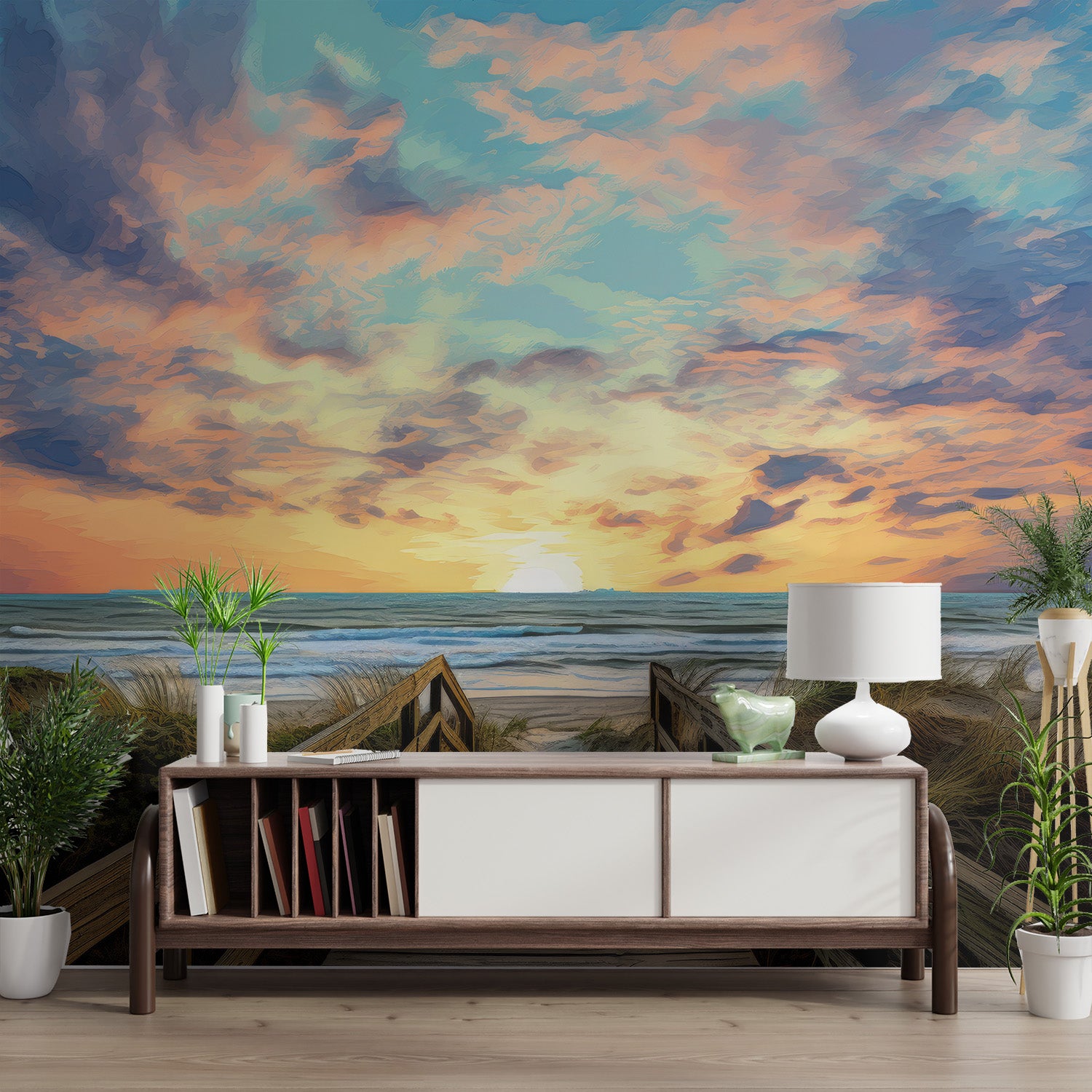 Scenic ocean view mural with a wooden boardwalk