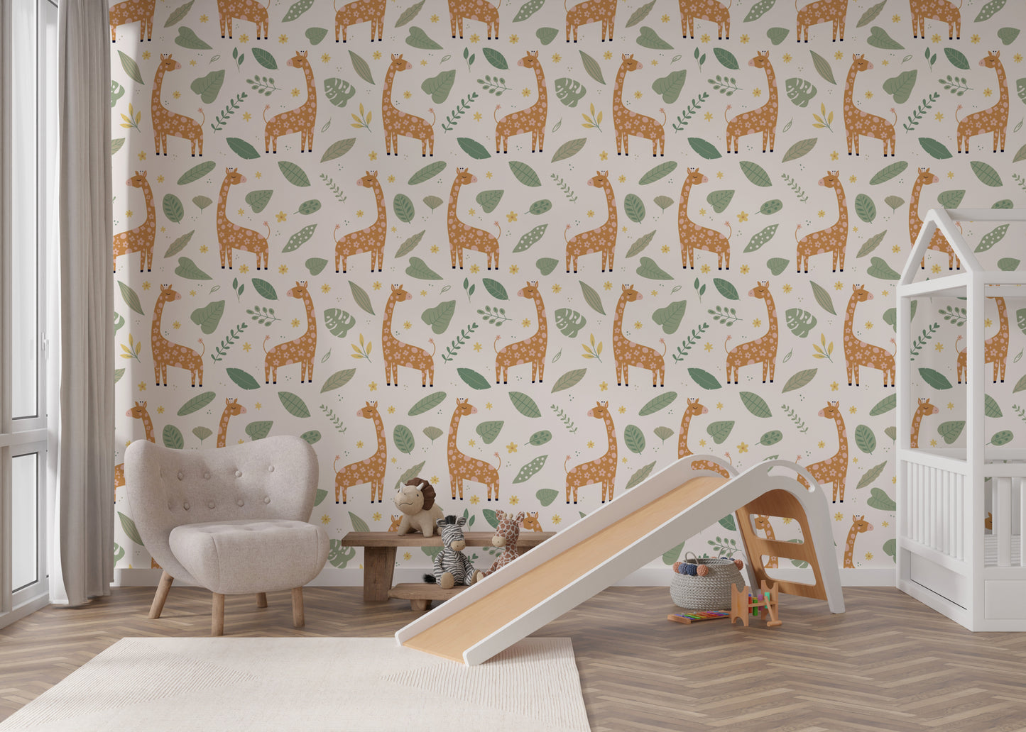 Giraffe and Leaves Wallpaper Mural - Yellow