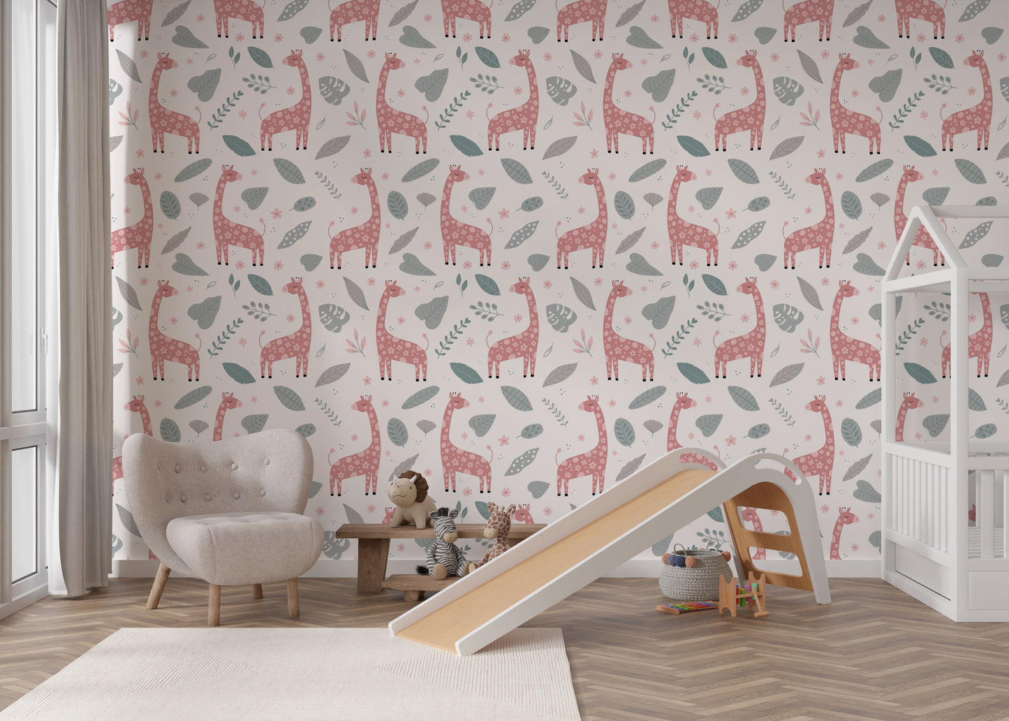 Giraffe and Leaves Wallpaper Mural - Pink