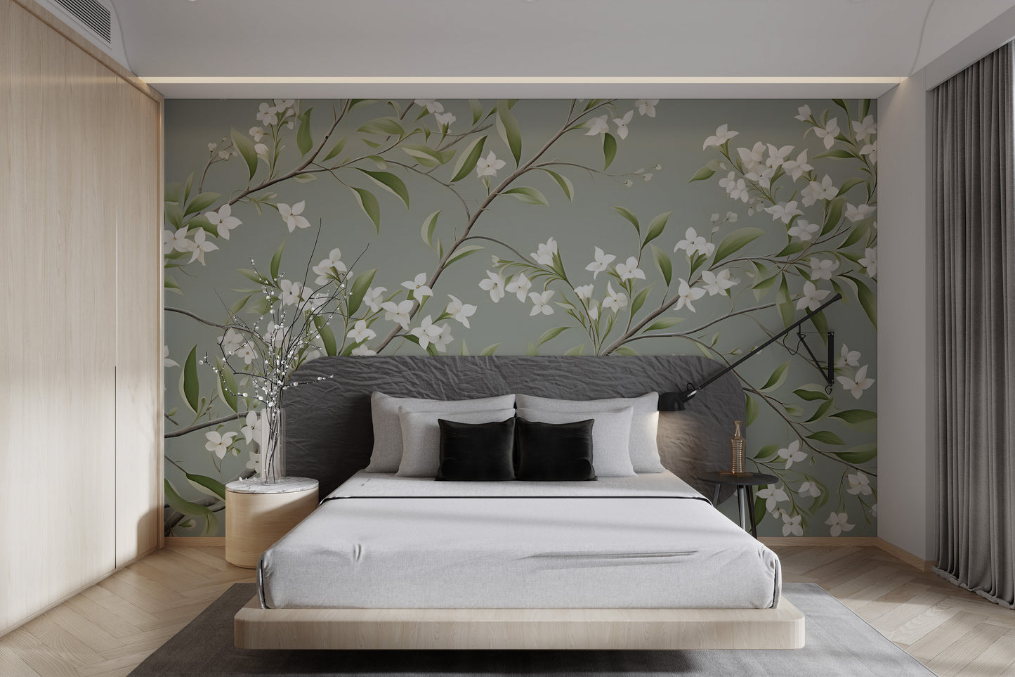 Sophisticated blossom and leaf design in muted tones




