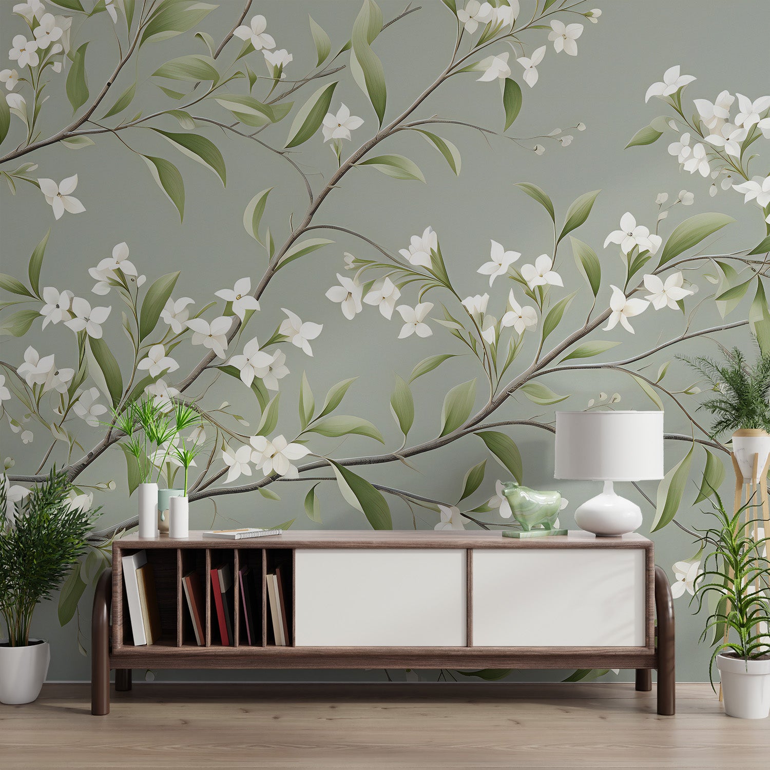 White jasmine flowers wallpaper with leafy branches
