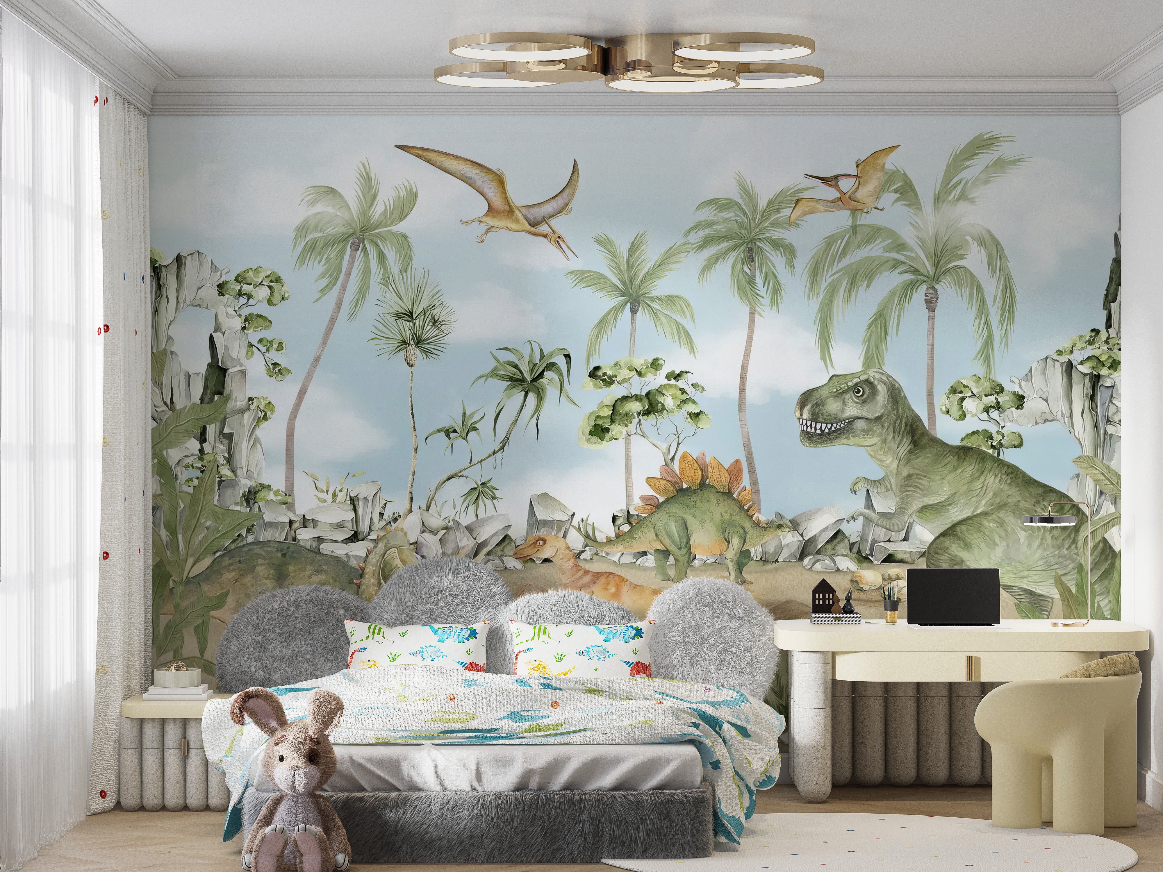 Prehistoric-themed mural perfect for a dinosaur kids room
