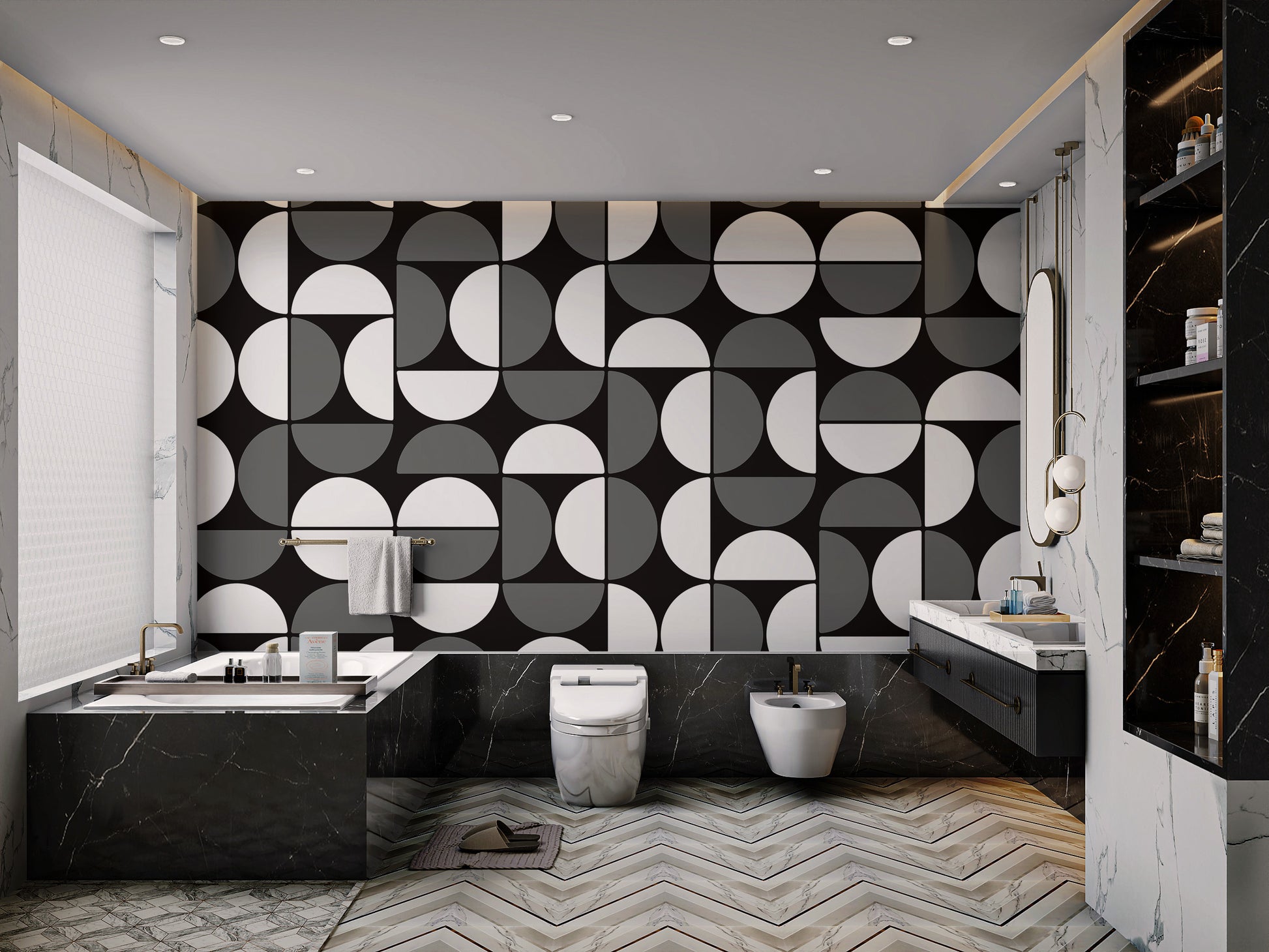 Abstract half-circle pattern wallpaper in black and white
